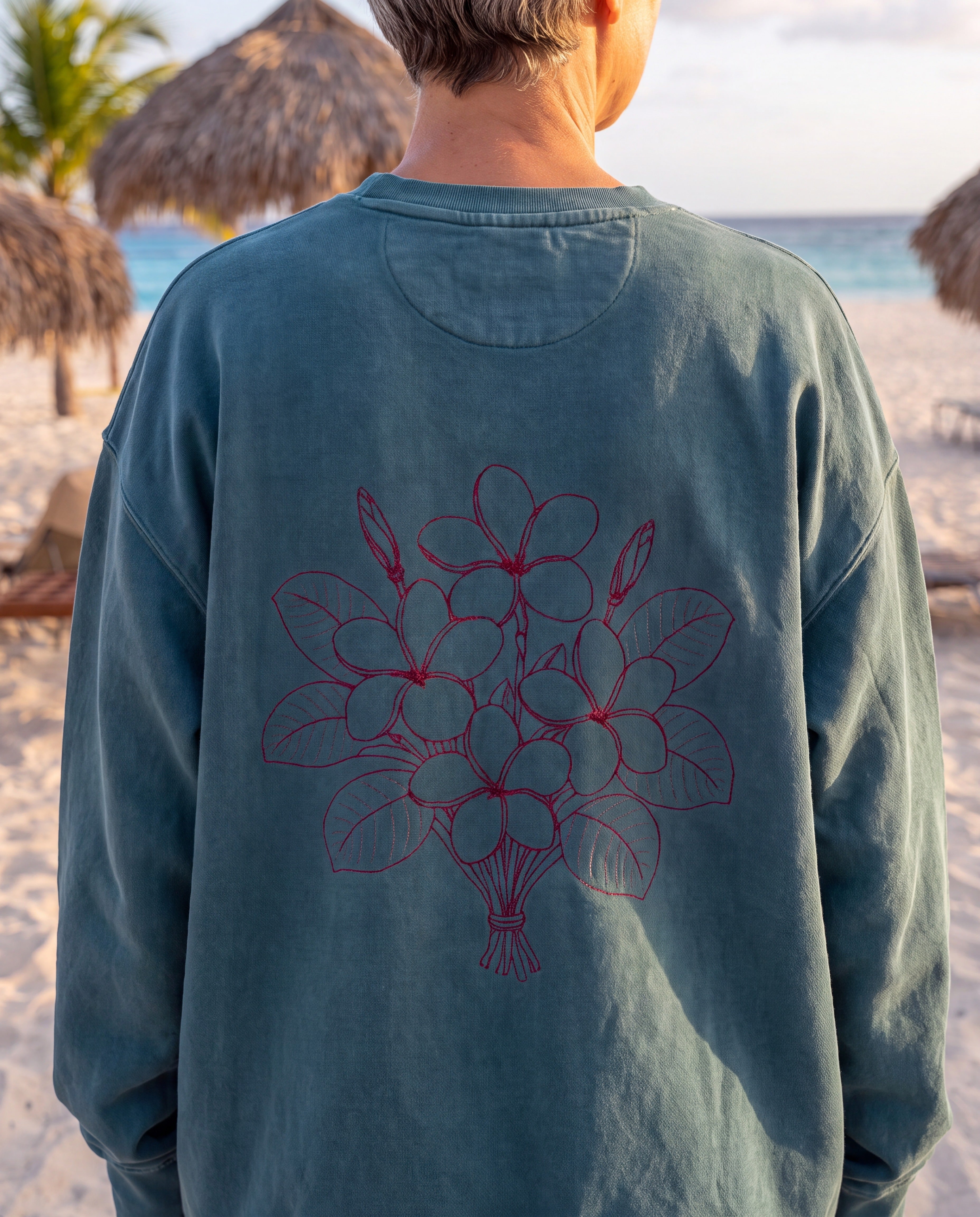 Aruba Frangipani Posy Redwork Sweatshirt close-up of the design, Blue Spruce