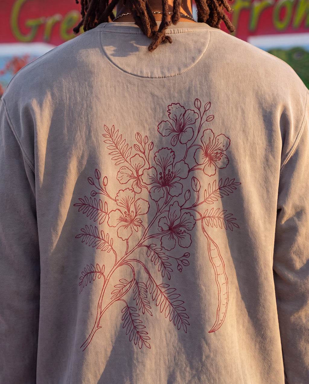 Aruba Flamboyant Flame Tree Redwork Sweatshirt close-up of the design, Grey