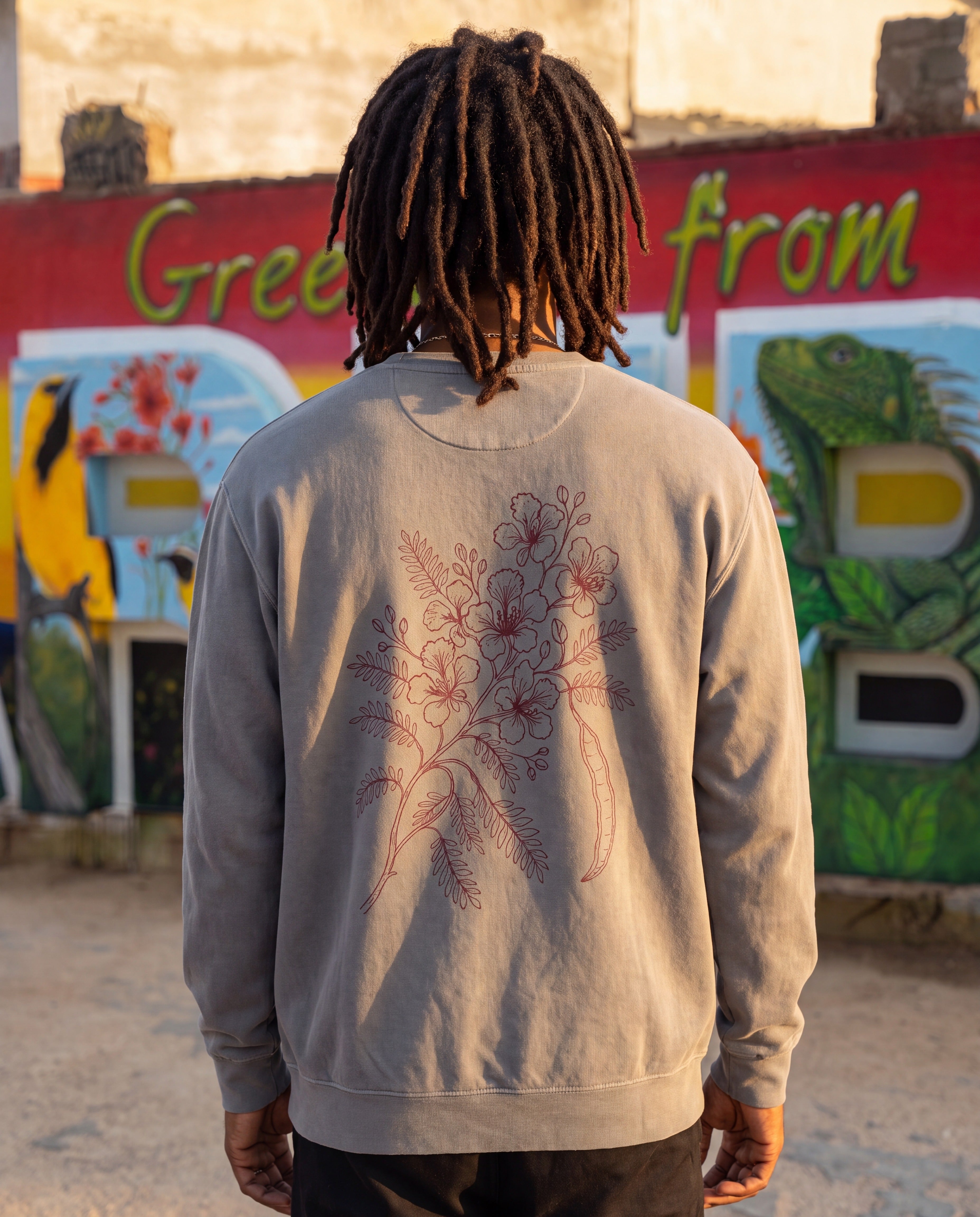 Aruba Flamboyant Flame Tree Redwork Sweatshirt in Grey, worn on location in Aruba
