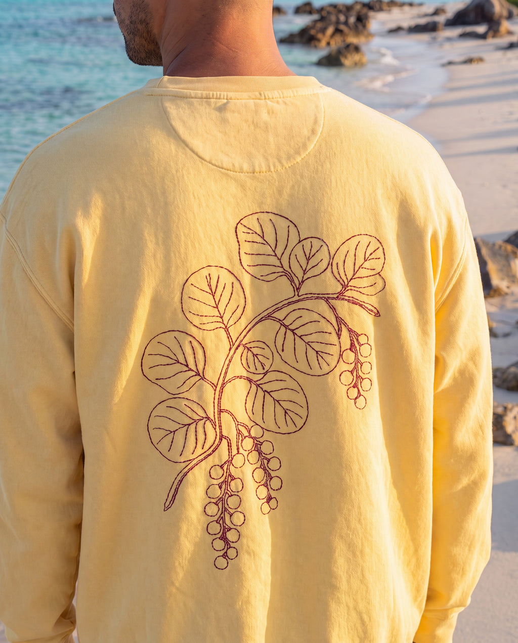 Aruba Sea Grape Branch Redwork Sweatshirt close-up of the design, Butter