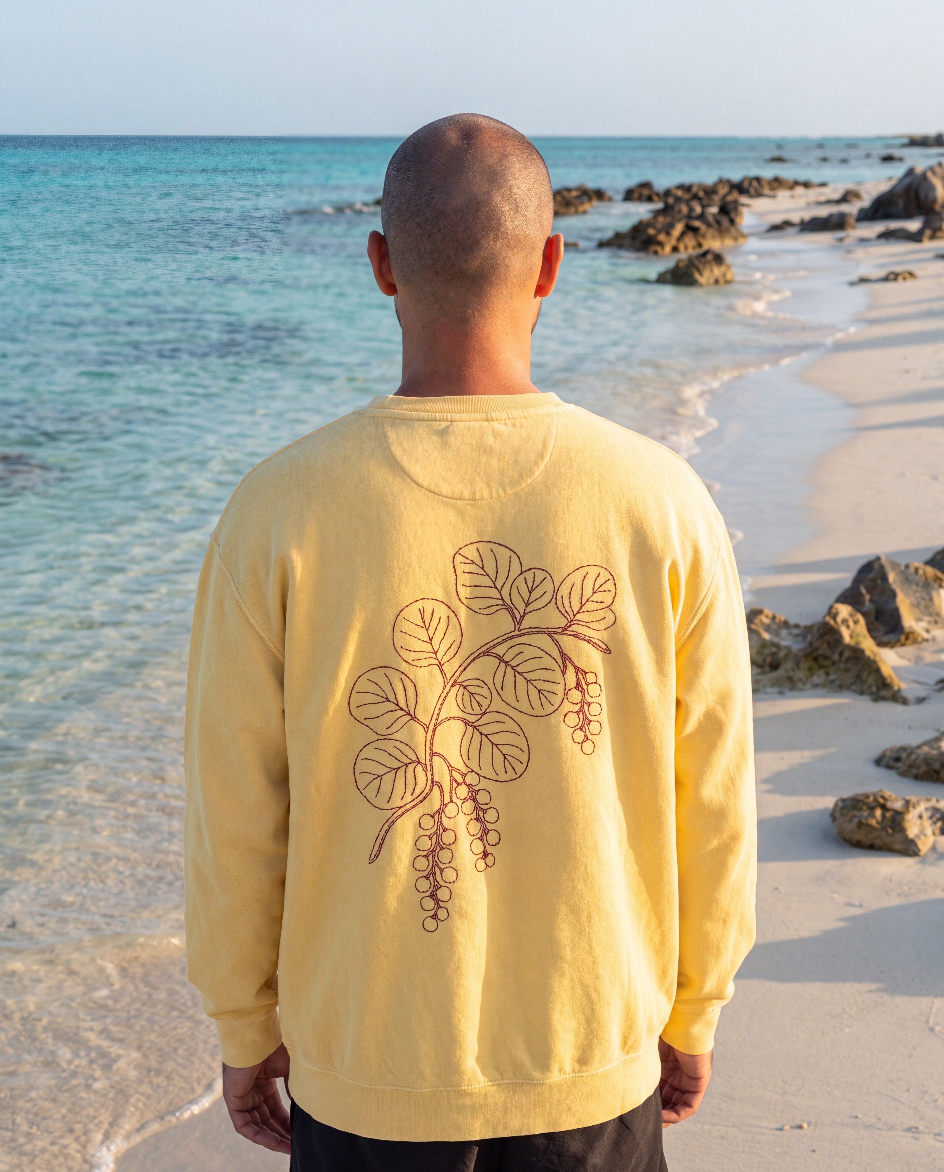 Aruba Sea Grape Branch Redwork Sweatshirt in Butter, worn on location in Aruba