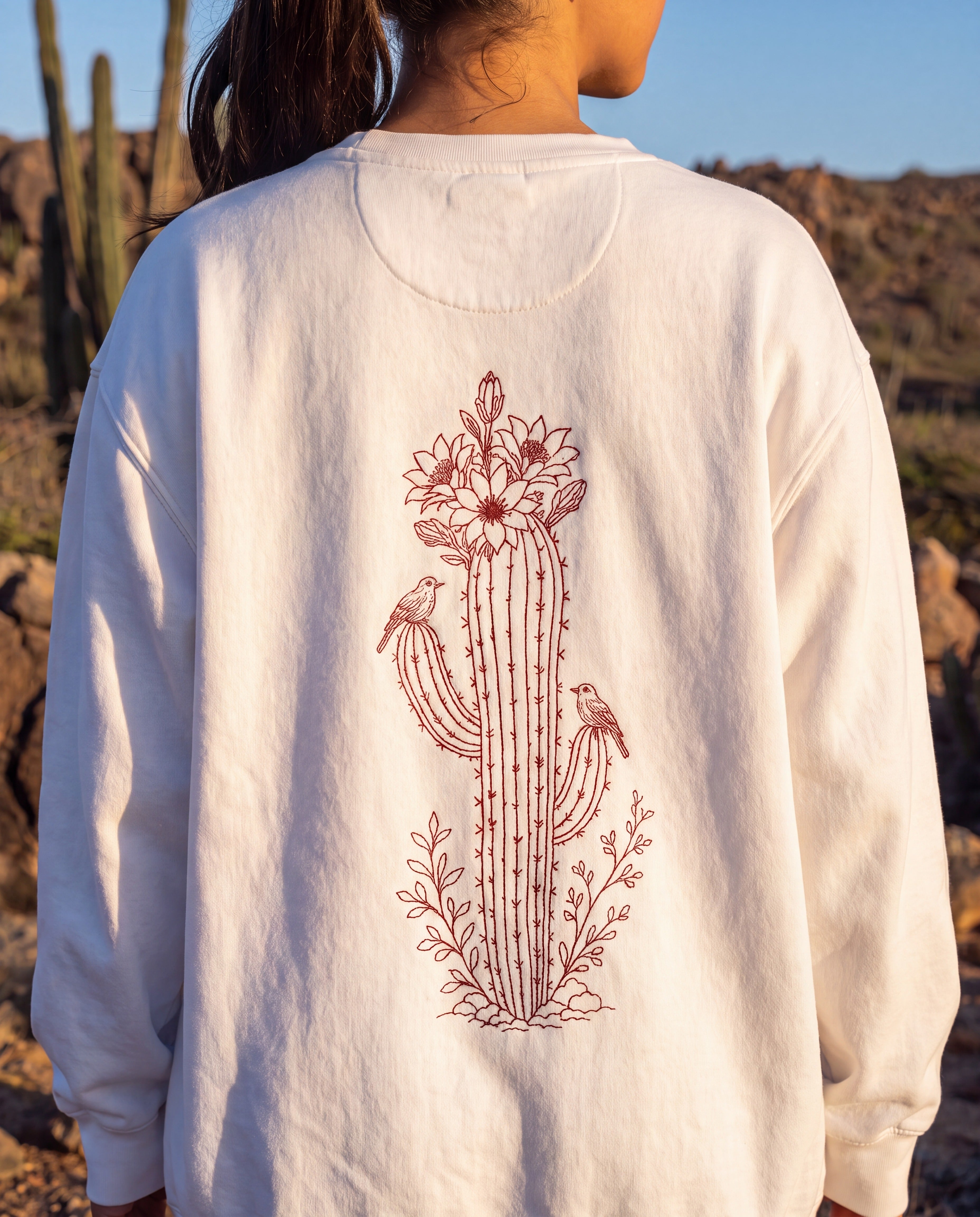 Aruba Cadushi Cactus Redwork Sweatshirt close-up of the design, White