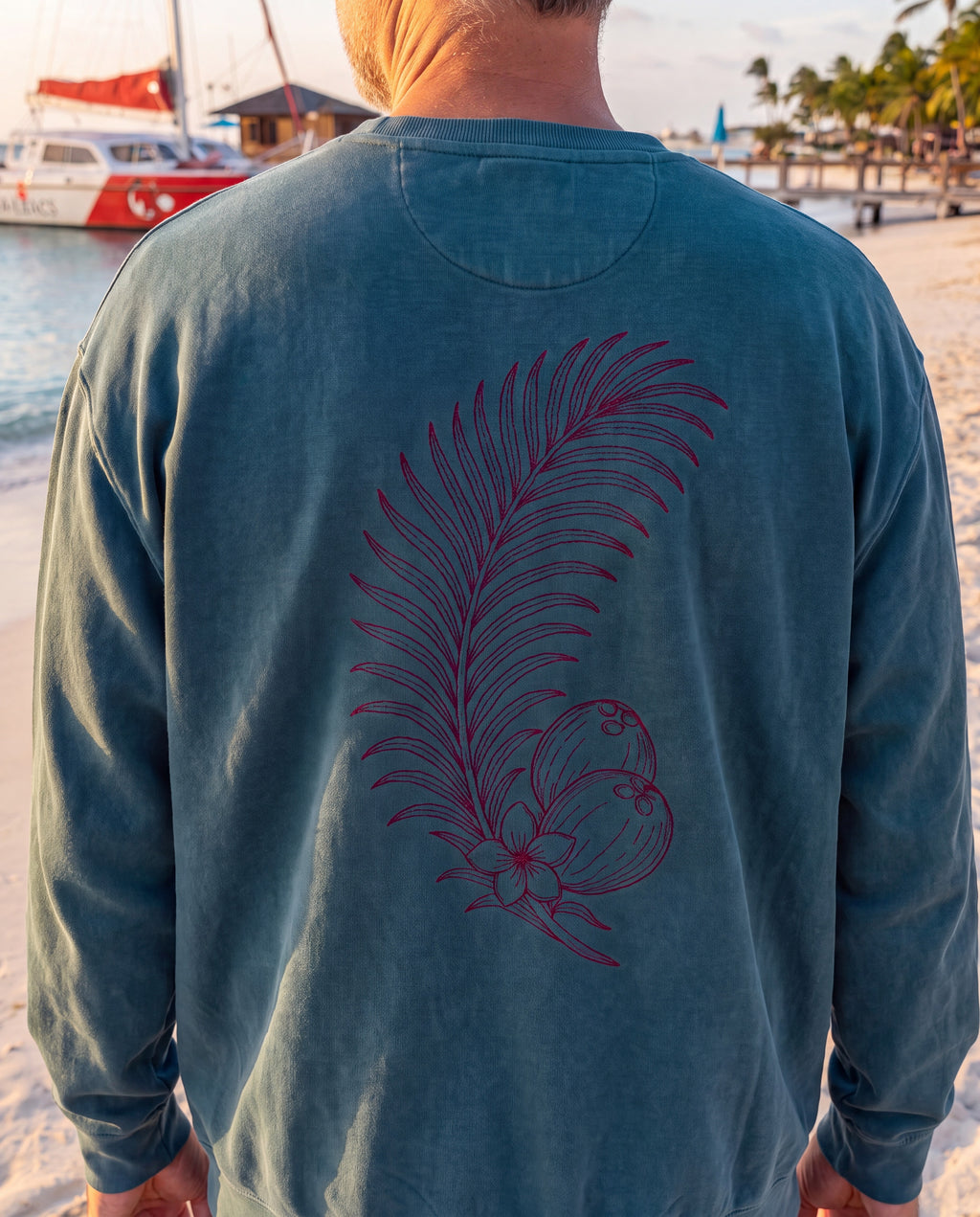 Aruba Coconut Palm Sprig Redwork Sweatshirt close-up of the design, Blue Spruce