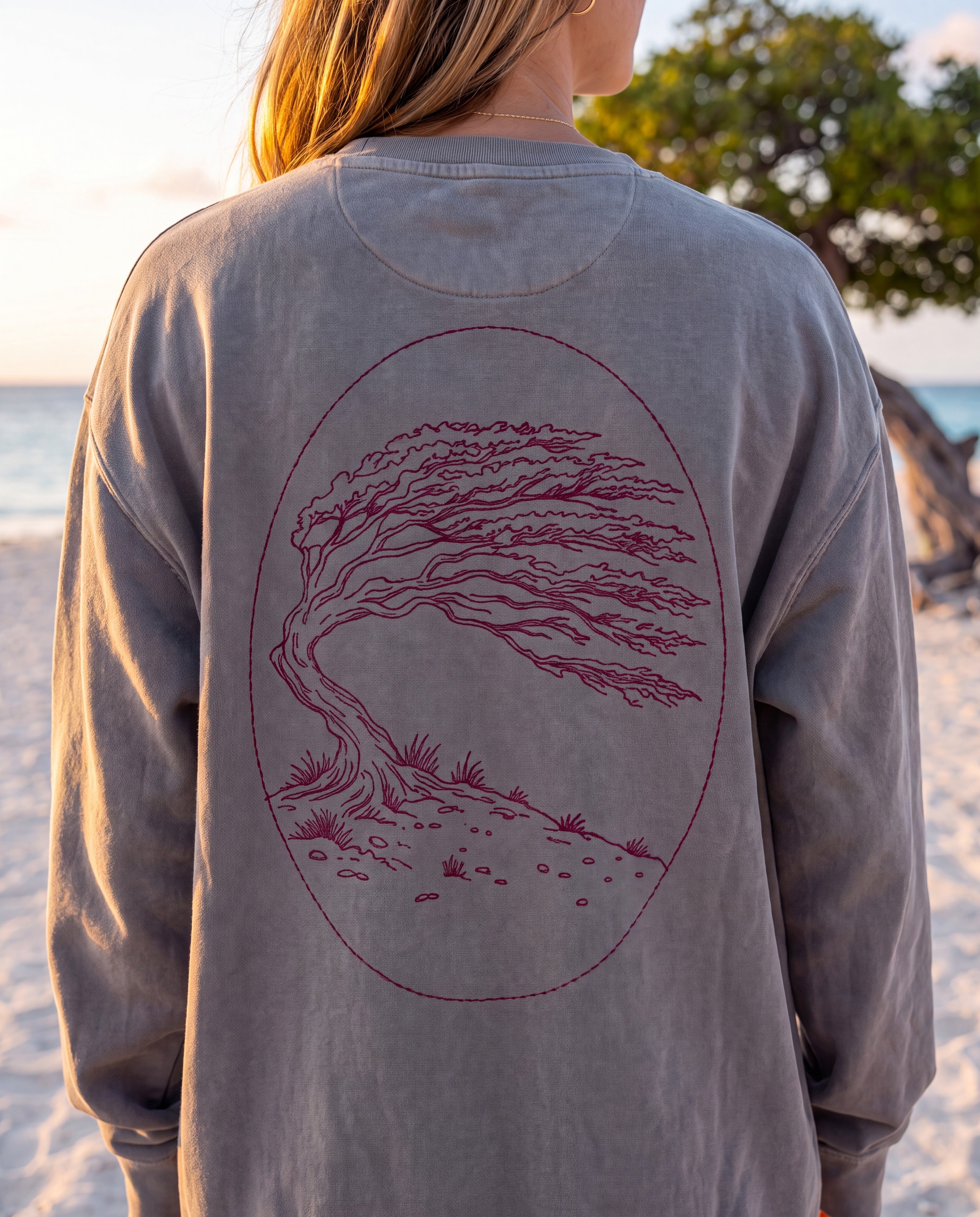 Aruba Divi Divi Tree Redwork Sweatshirt close-up of the design, Grey