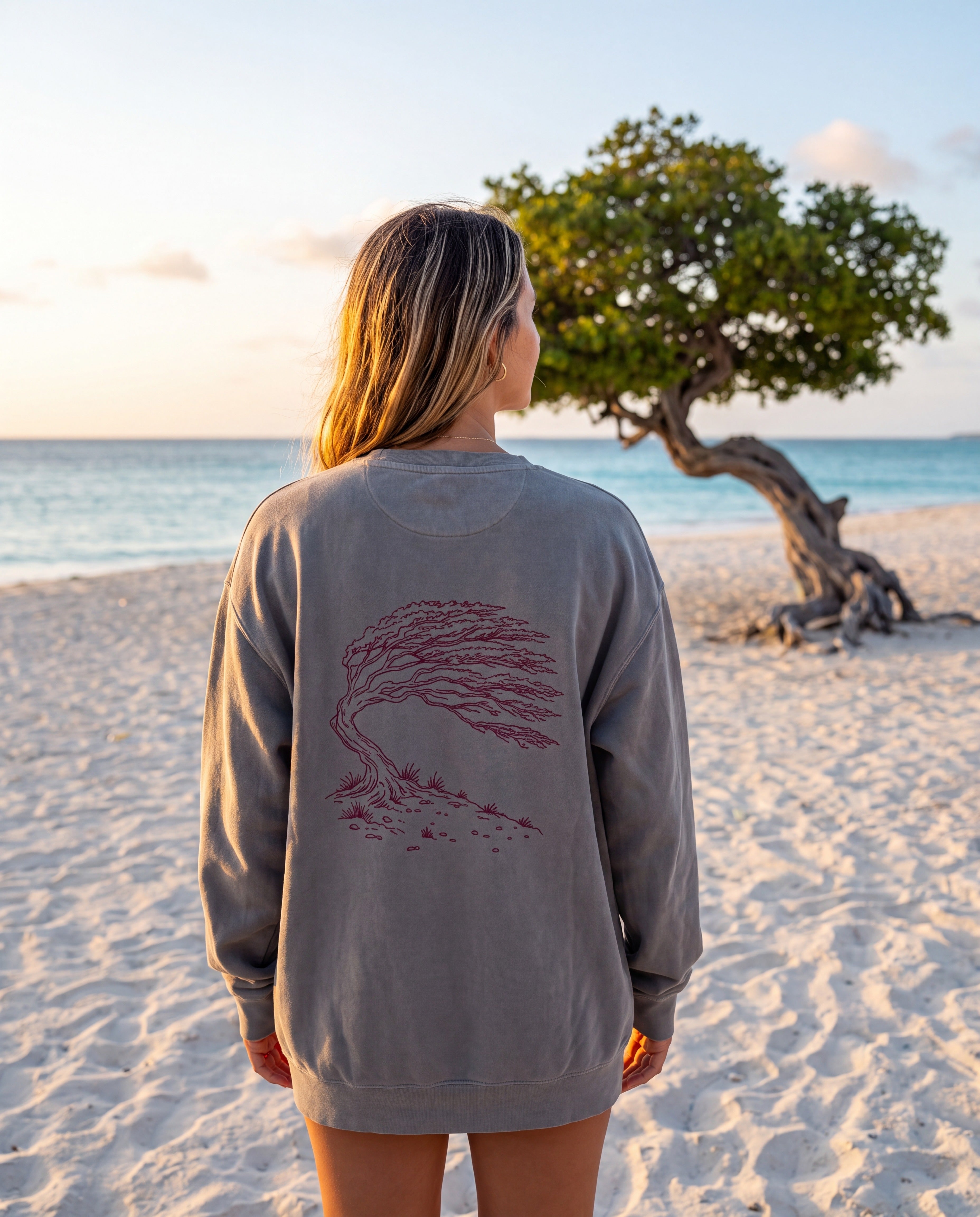 Aruba Divi Divi Tree Redwork Sweatshirt in Grey, worn on location in Aruba