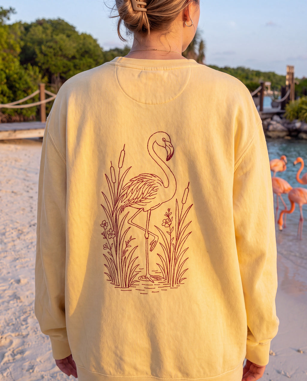 Aruba Flamingo in Reeds Redwork Sweatshirt close-up of the design, Butter