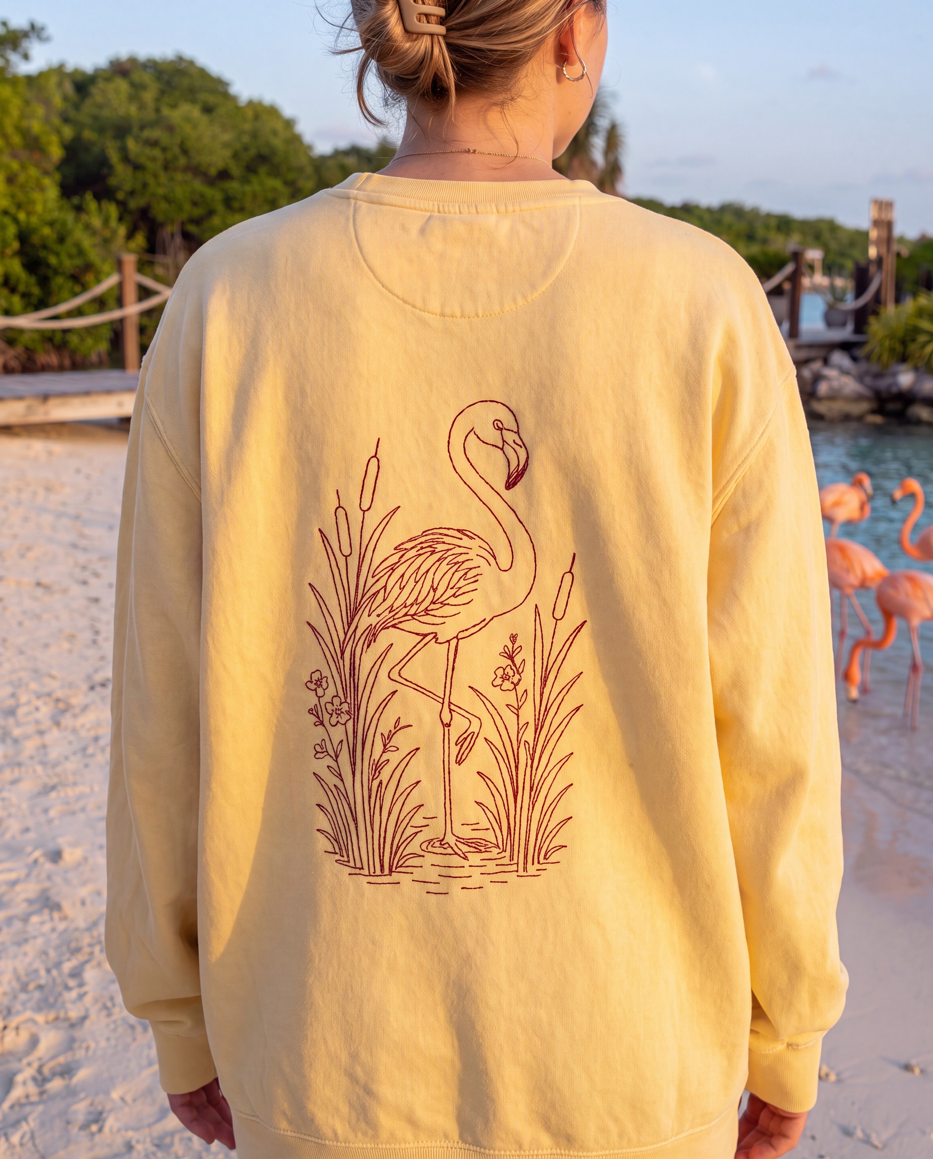 Aruba Flamingo in Reeds Redwork Sweatshirt close-up of the design, Butter