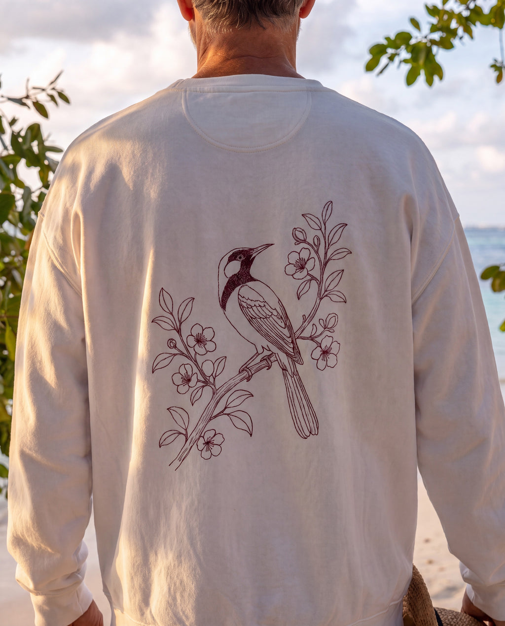 Aruba Trupial on Branch Redwork Sweatshirt close-up of the design, White