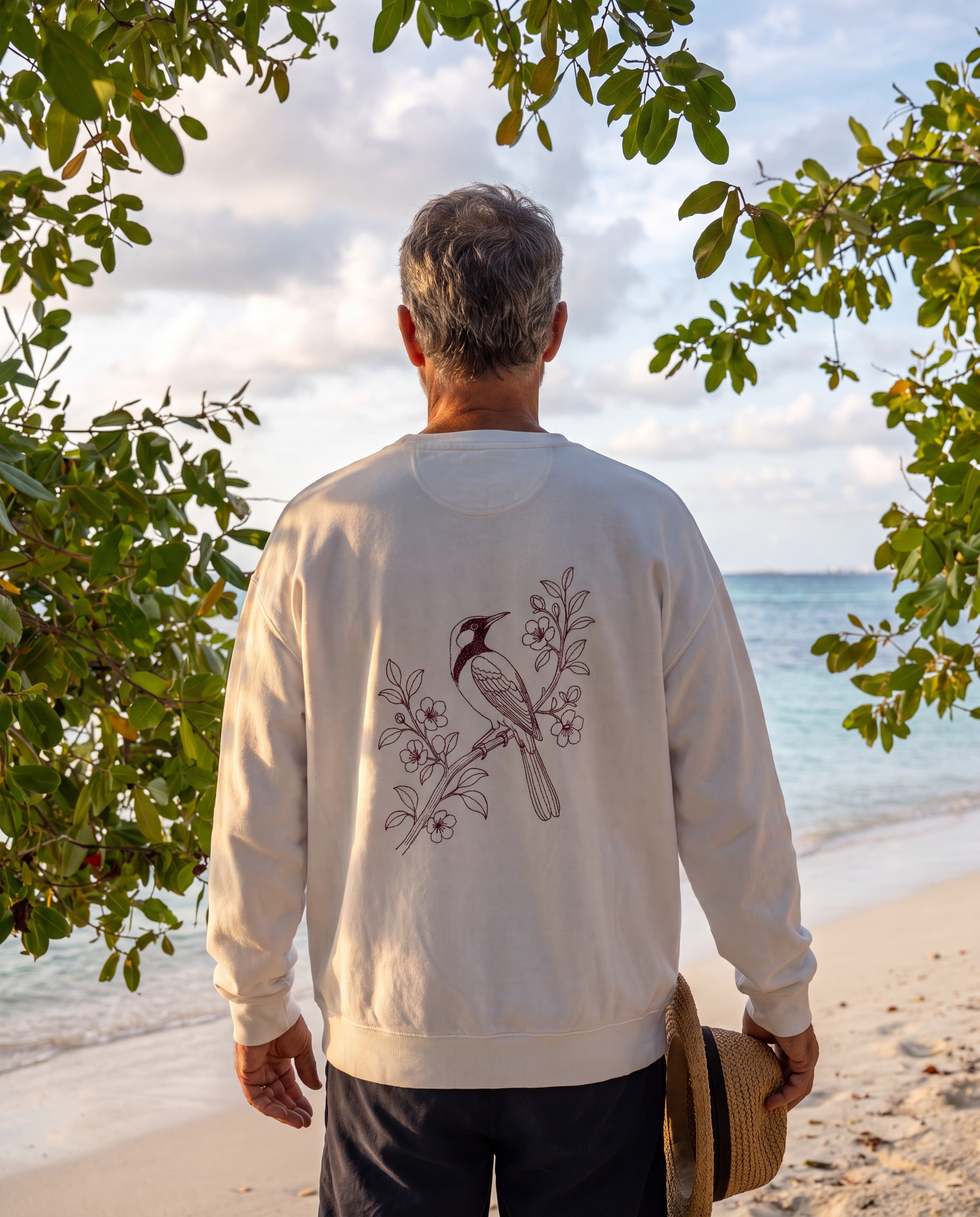 Aruba Trupial on Branch Redwork Sweatshirt in White, worn on location in Aruba