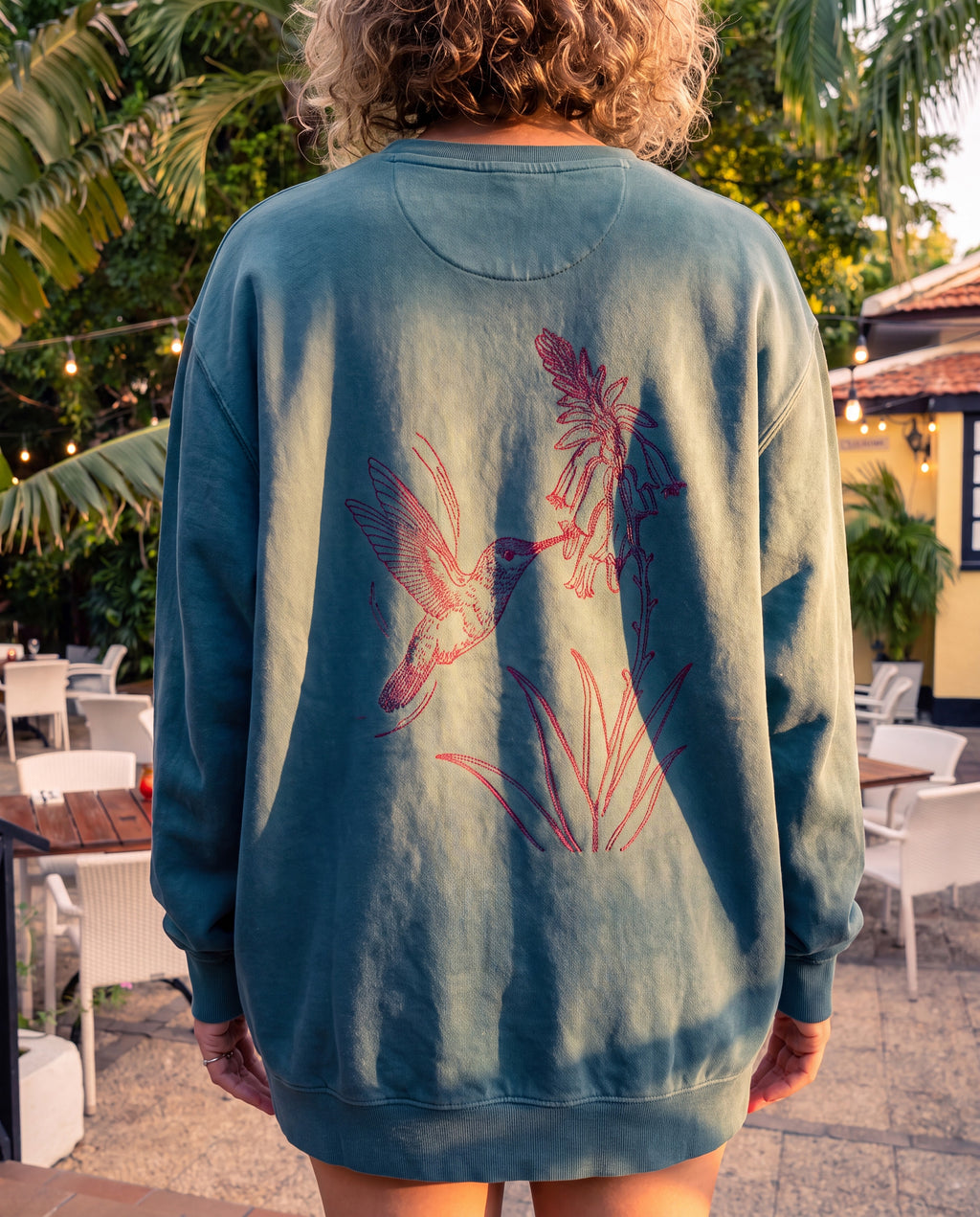 Aruba Hummingbird and Aloe Redwork Sweatshirt close-up of the design, Blue Spruce