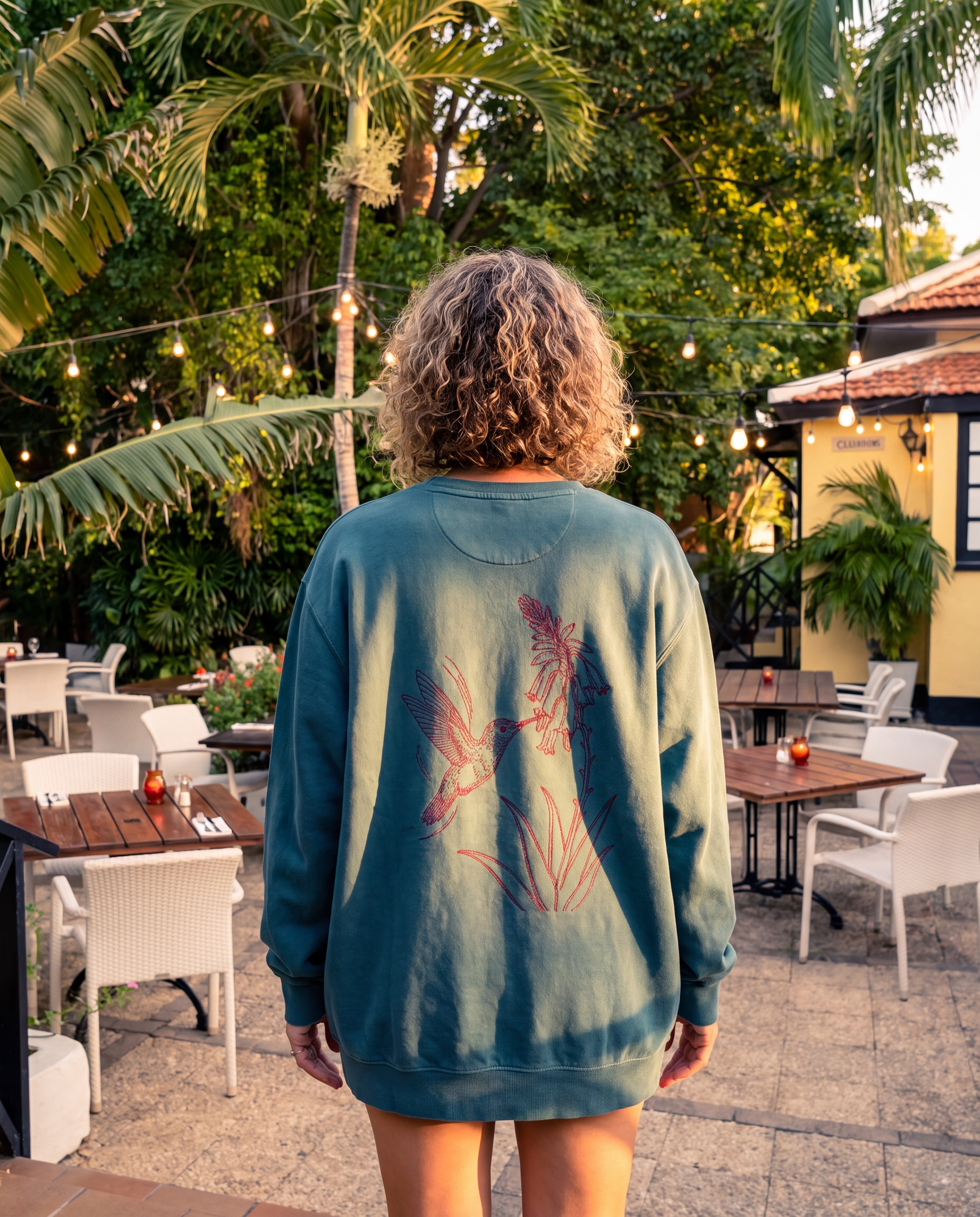 Aruba Hummingbird and Aloe Redwork Sweatshirt in Blue Spruce, worn on location in Aruba