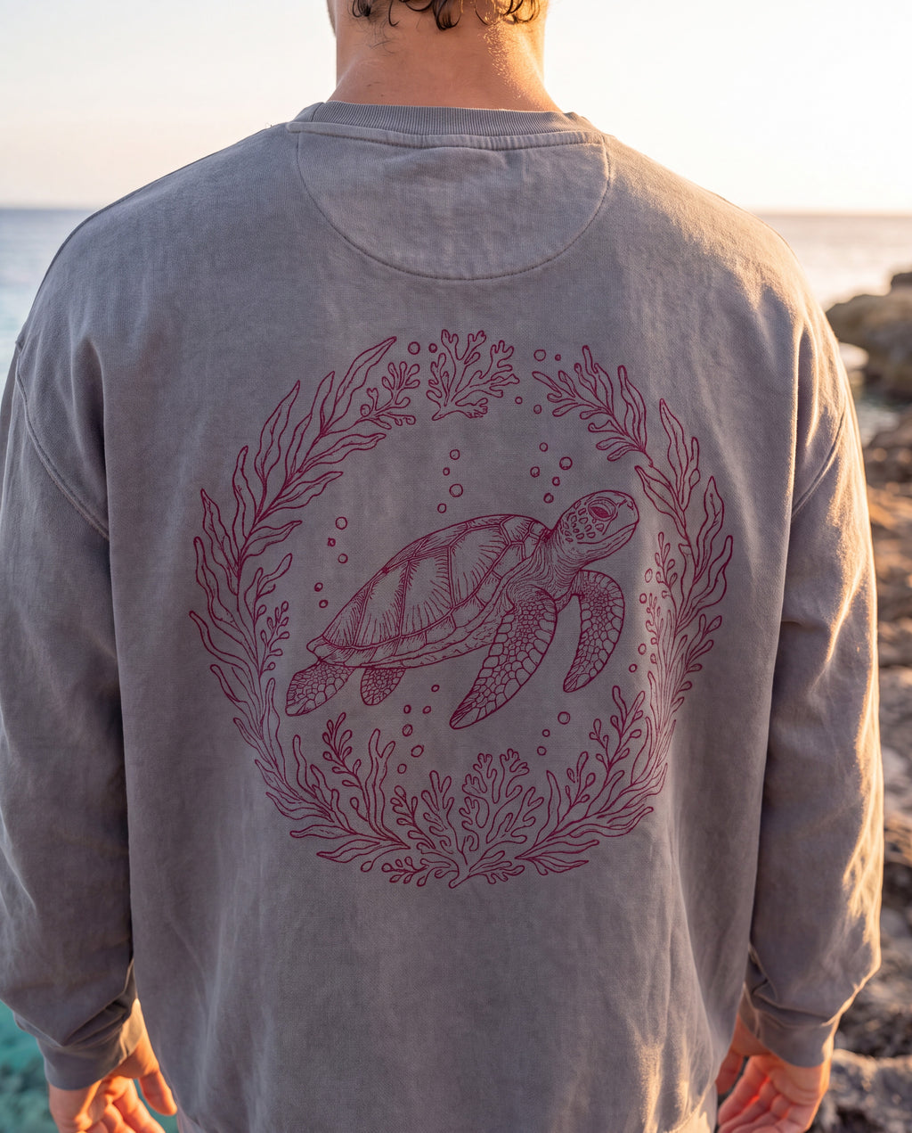 Aruba Sea Turtle Wreath Redwork Sweatshirt close-up of the design, Grey
