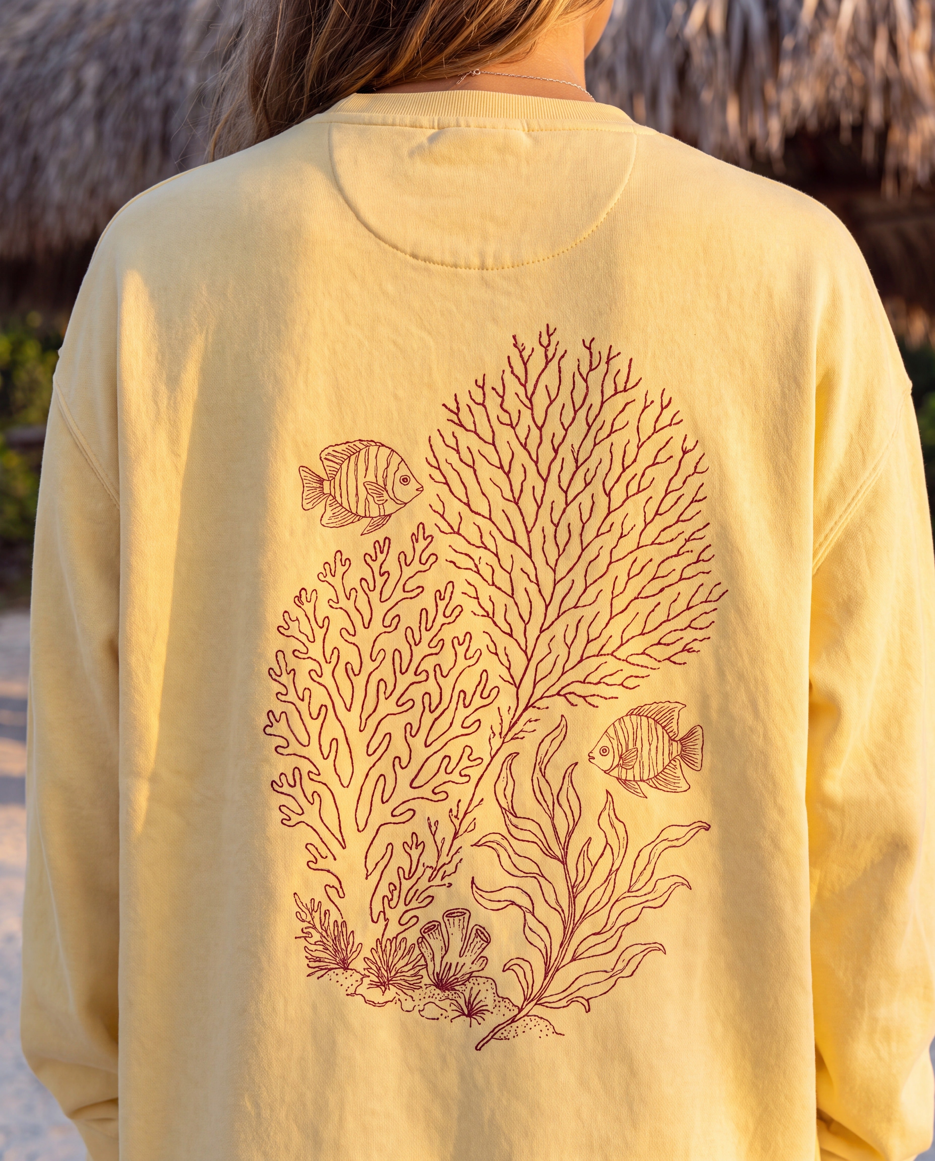 Aruba Coral and Sea Fan Redwork Sweatshirt close-up of the design, Butter