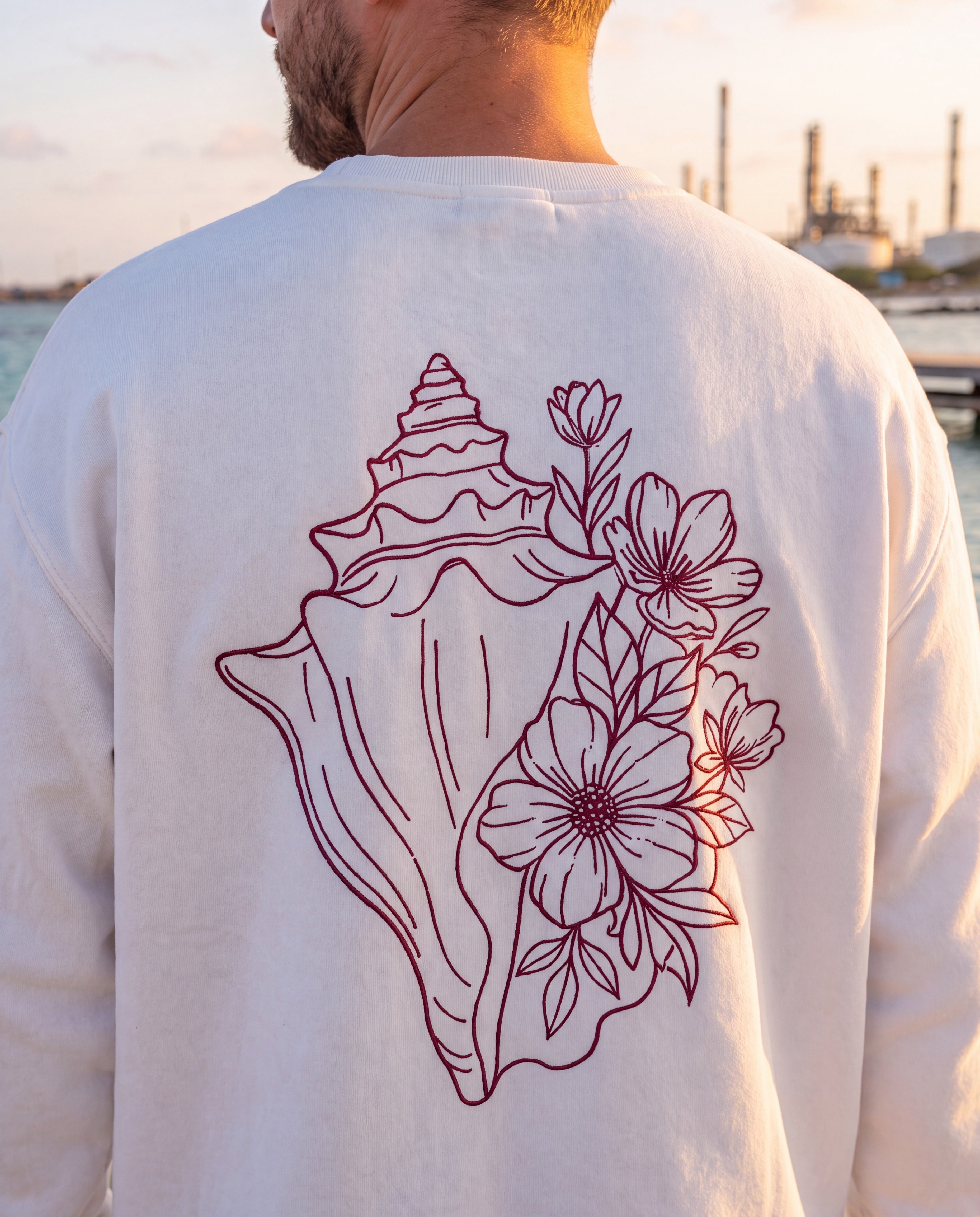 Aruba Conch Shell in Bloom Redwork Sweatshirt close-up of the design, White