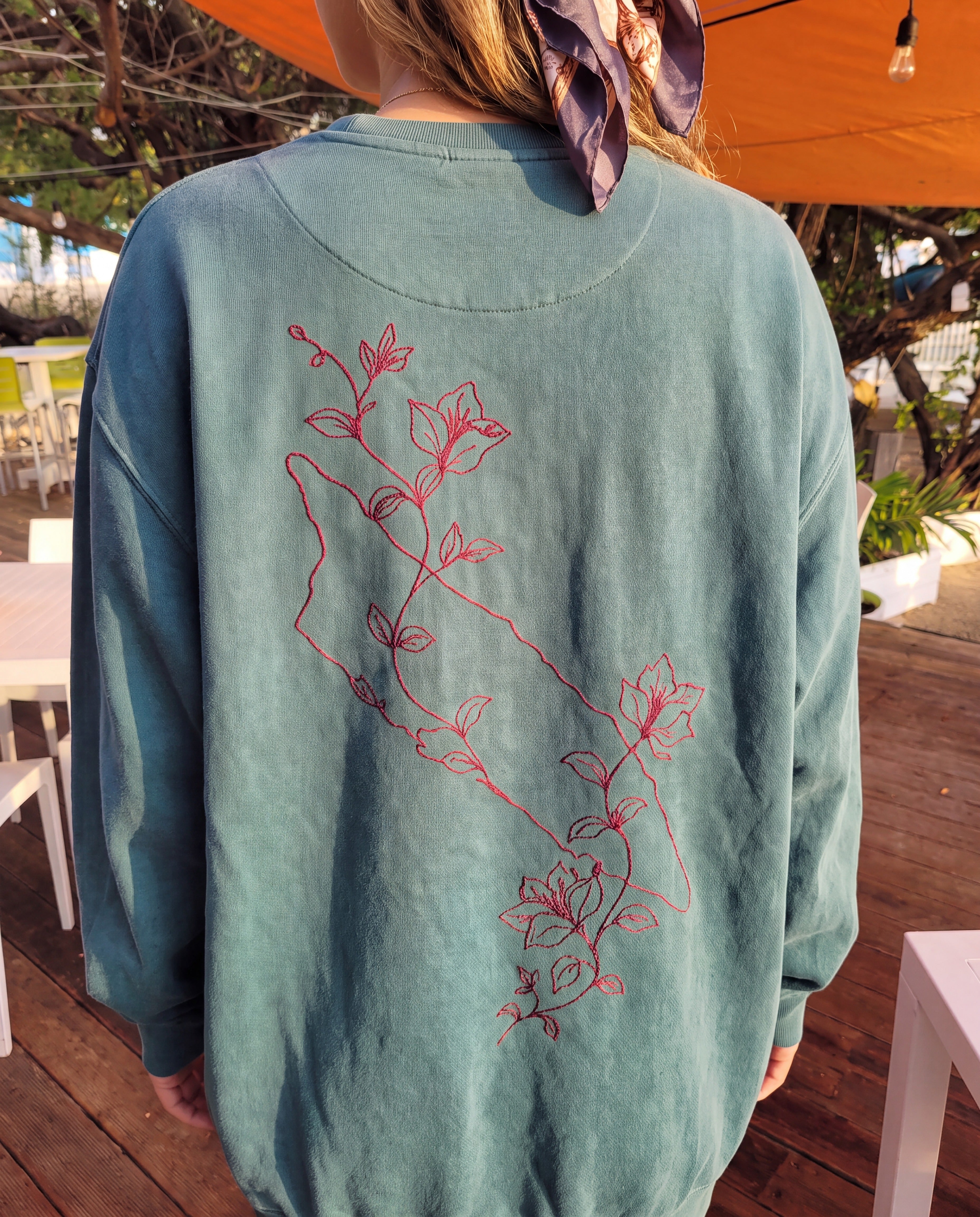 Aruba Island Vine Redwork Sweatshirt close-up of the design, Blue Spruce