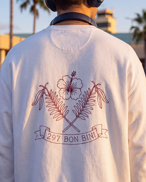 Aruba 297 Bon Bini Crest Redwork Sweatshirt close-up of the design, White