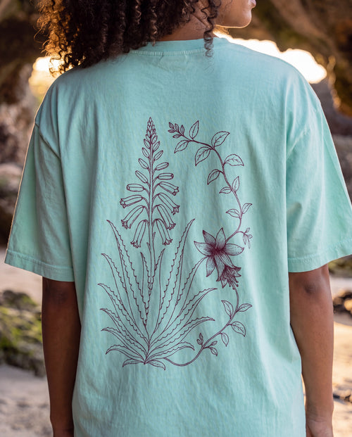 Aruba Aloe Vera Redwork Tee close-up of the design, Chalky Mint