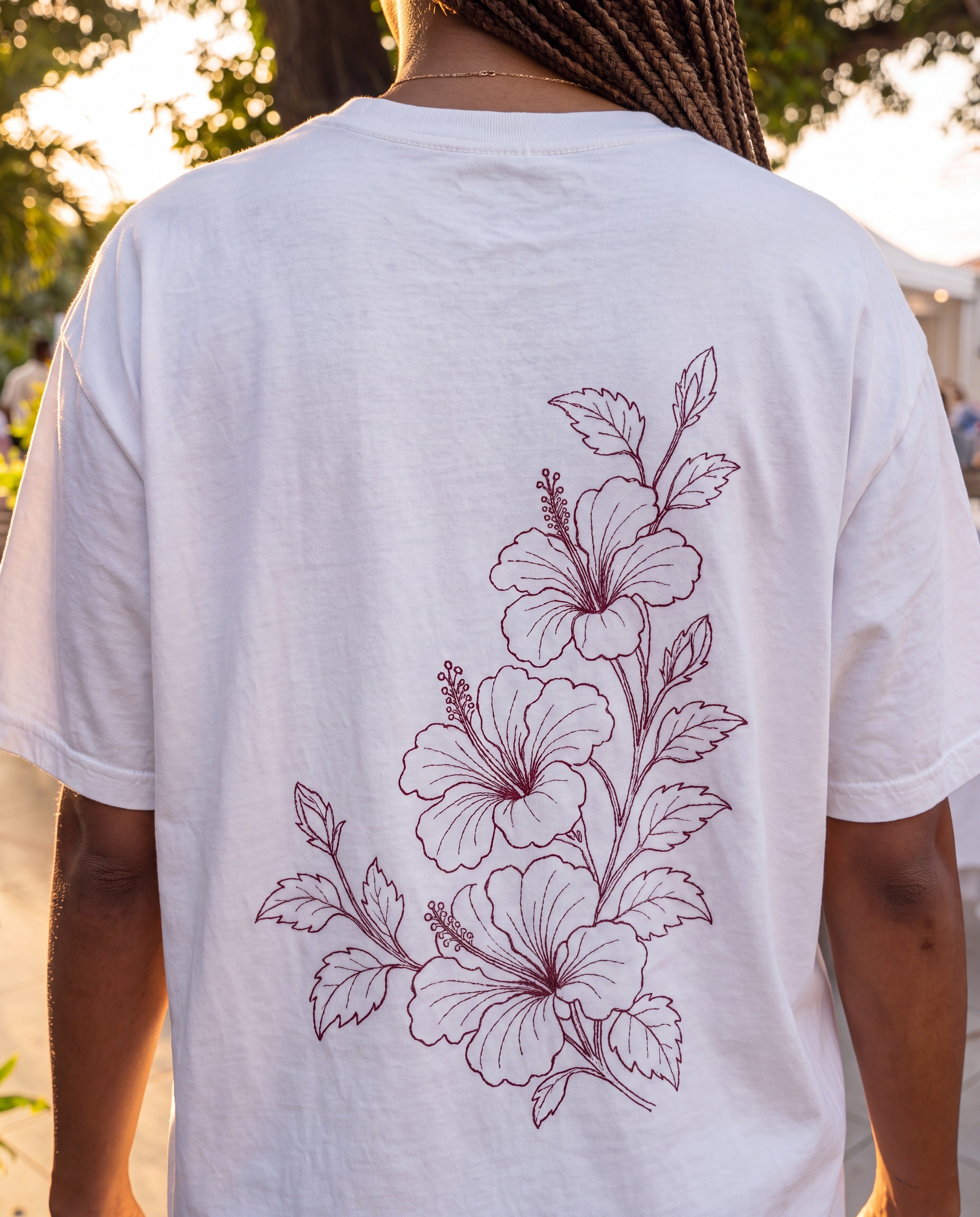 Aruba Hibiscus Spray Redwork Tee close-up of the design, White