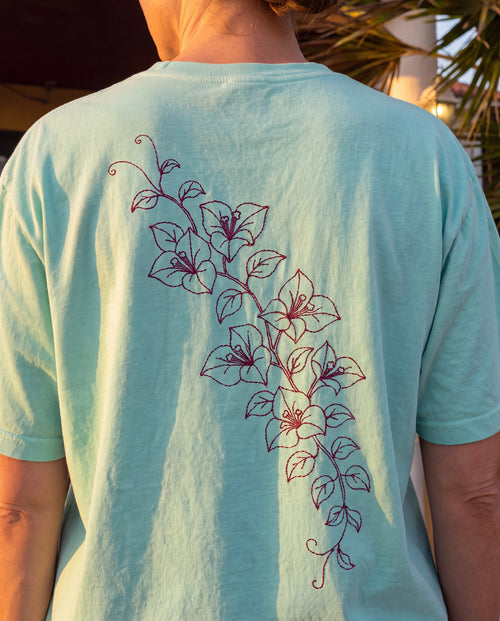 Aruba Bougainvillea Cascade Redwork Tee close-up of the design, Chalky Mint
