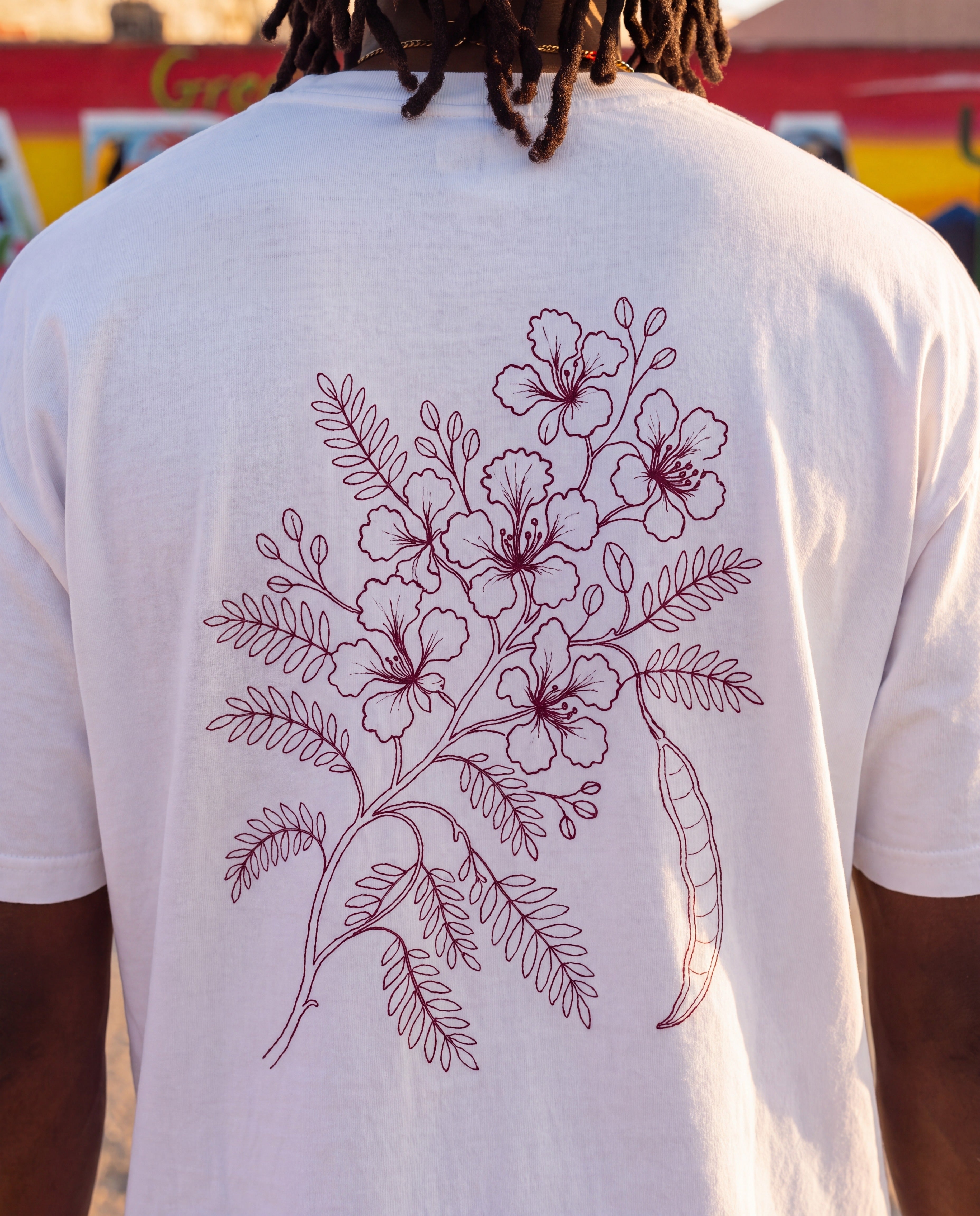 Aruba Flamboyant Flame Tree Redwork Tee close-up of the design, White