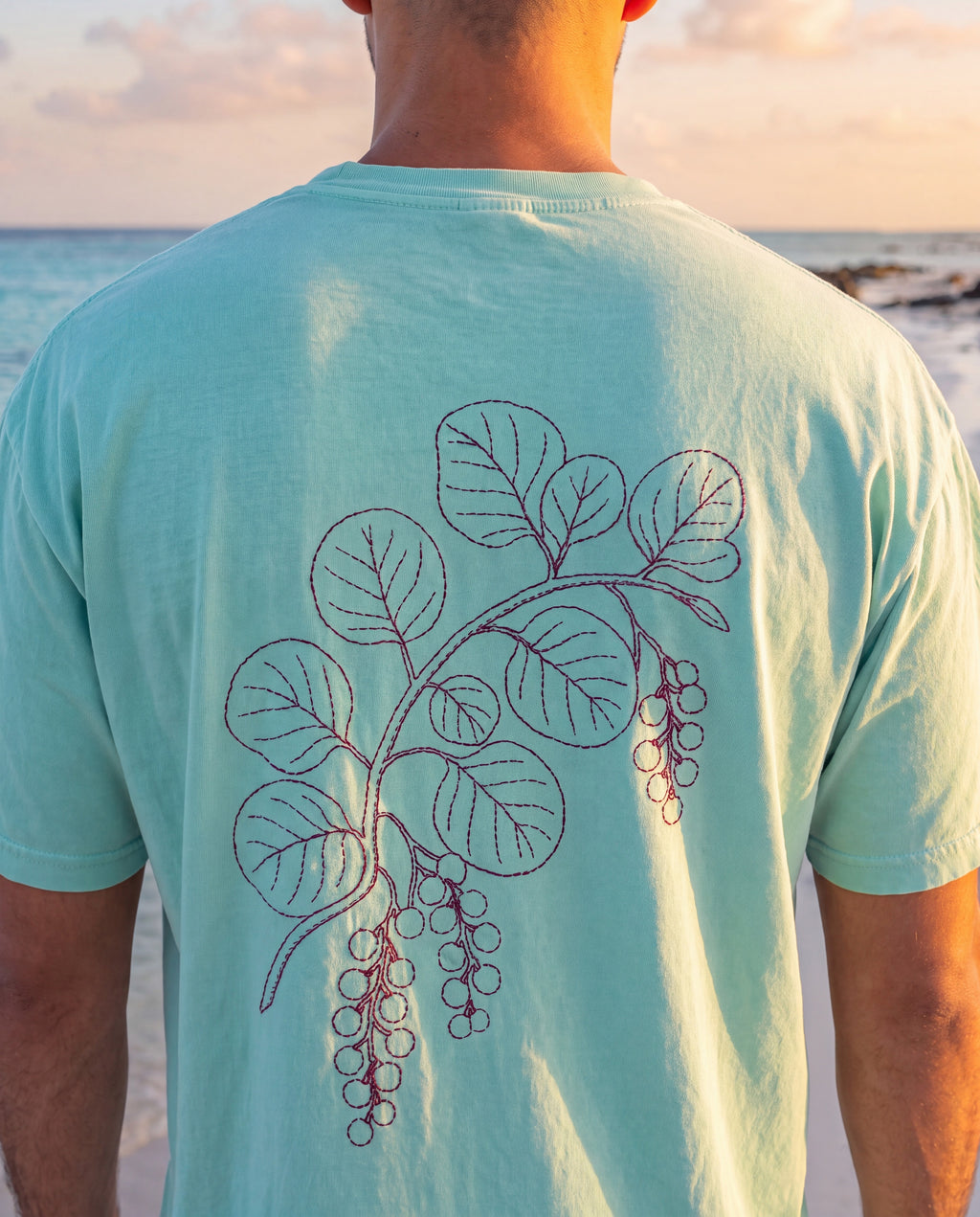 Aruba Sea Grape Branch Redwork Tee close-up of the design, Chalky Mint