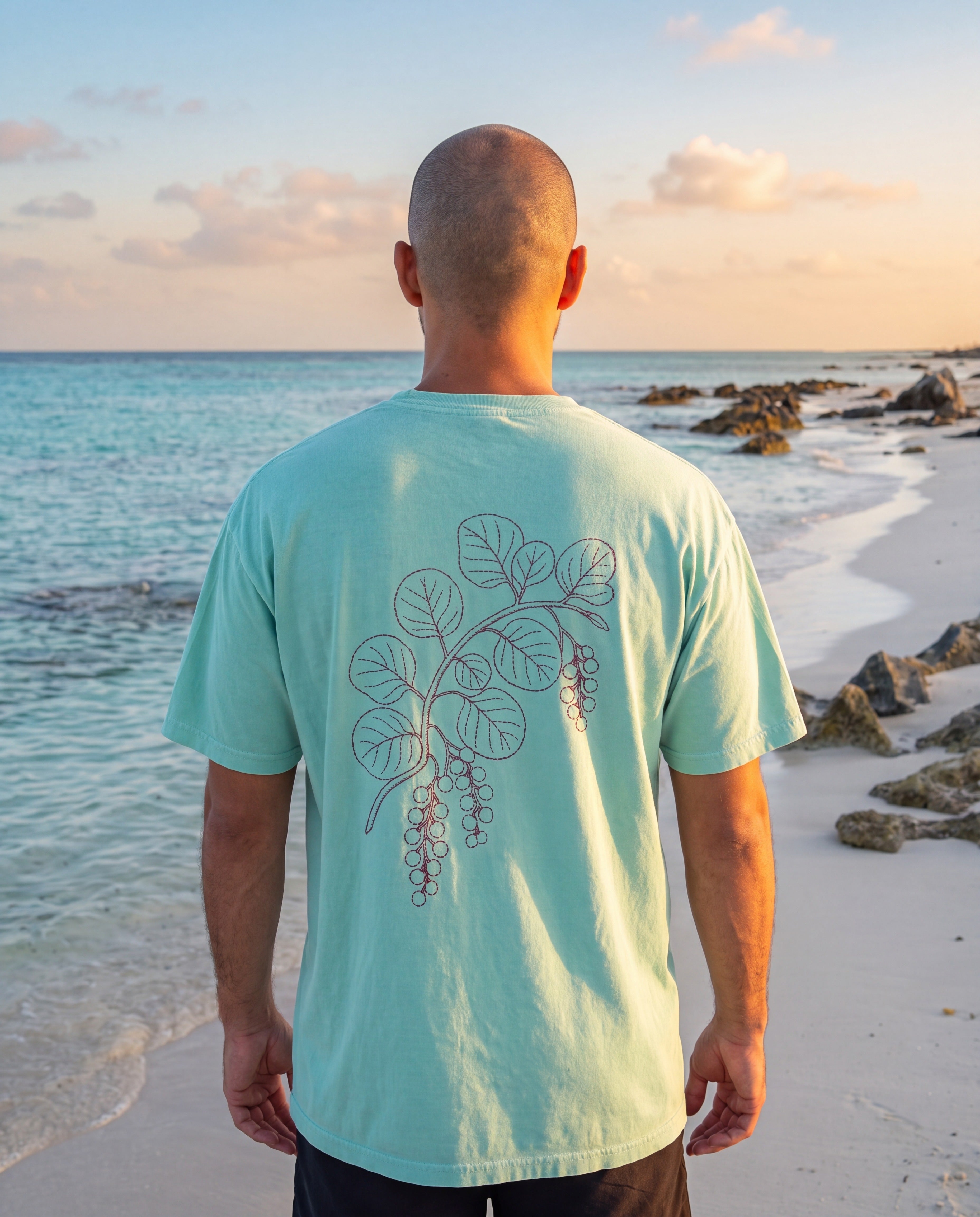 Aruba Sea Grape Branch Redwork Tee in Chalky Mint, worn on location in Aruba