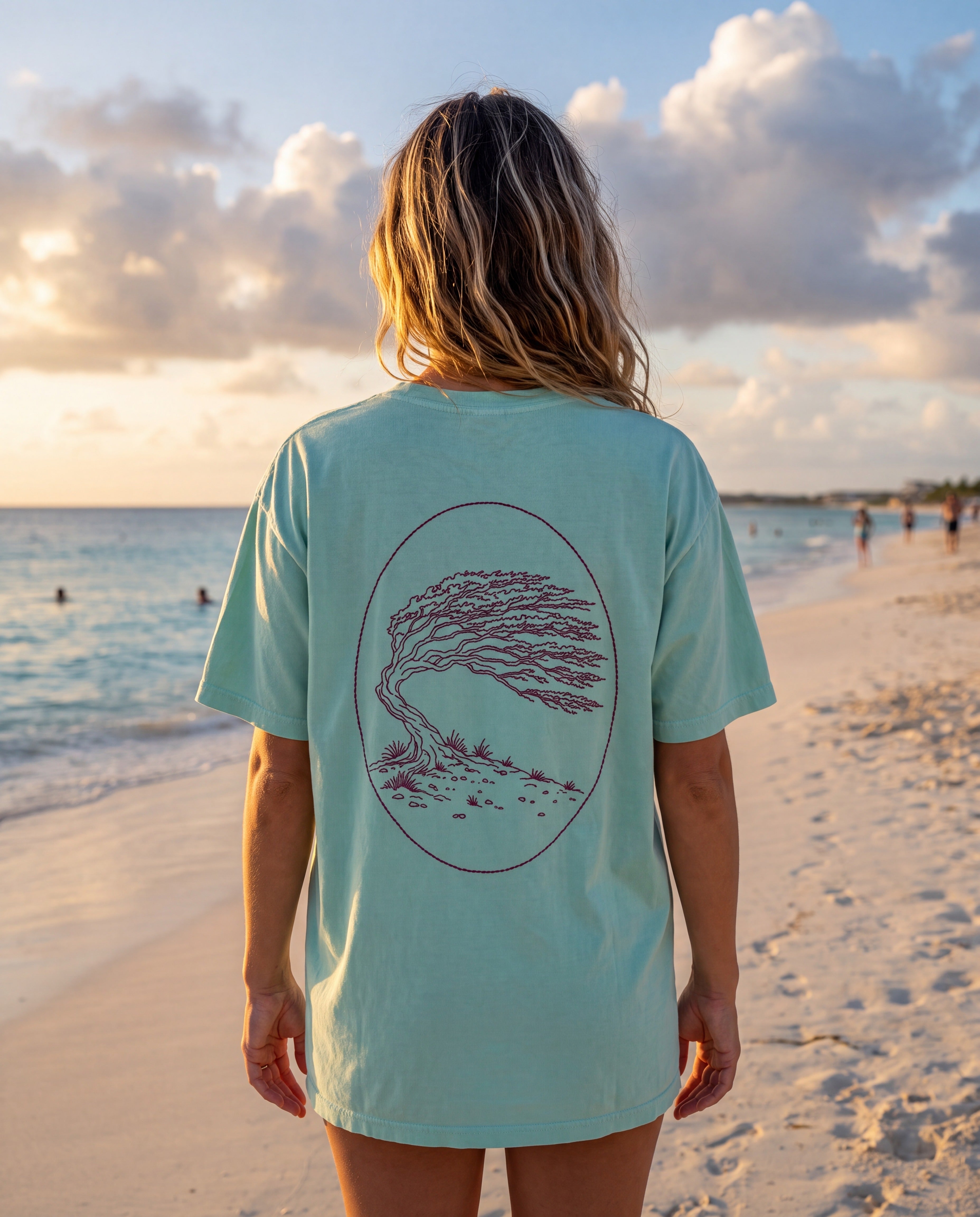 Aruba Divi Divi Tree Redwork Tee in Chalky Mint, worn on location in Aruba