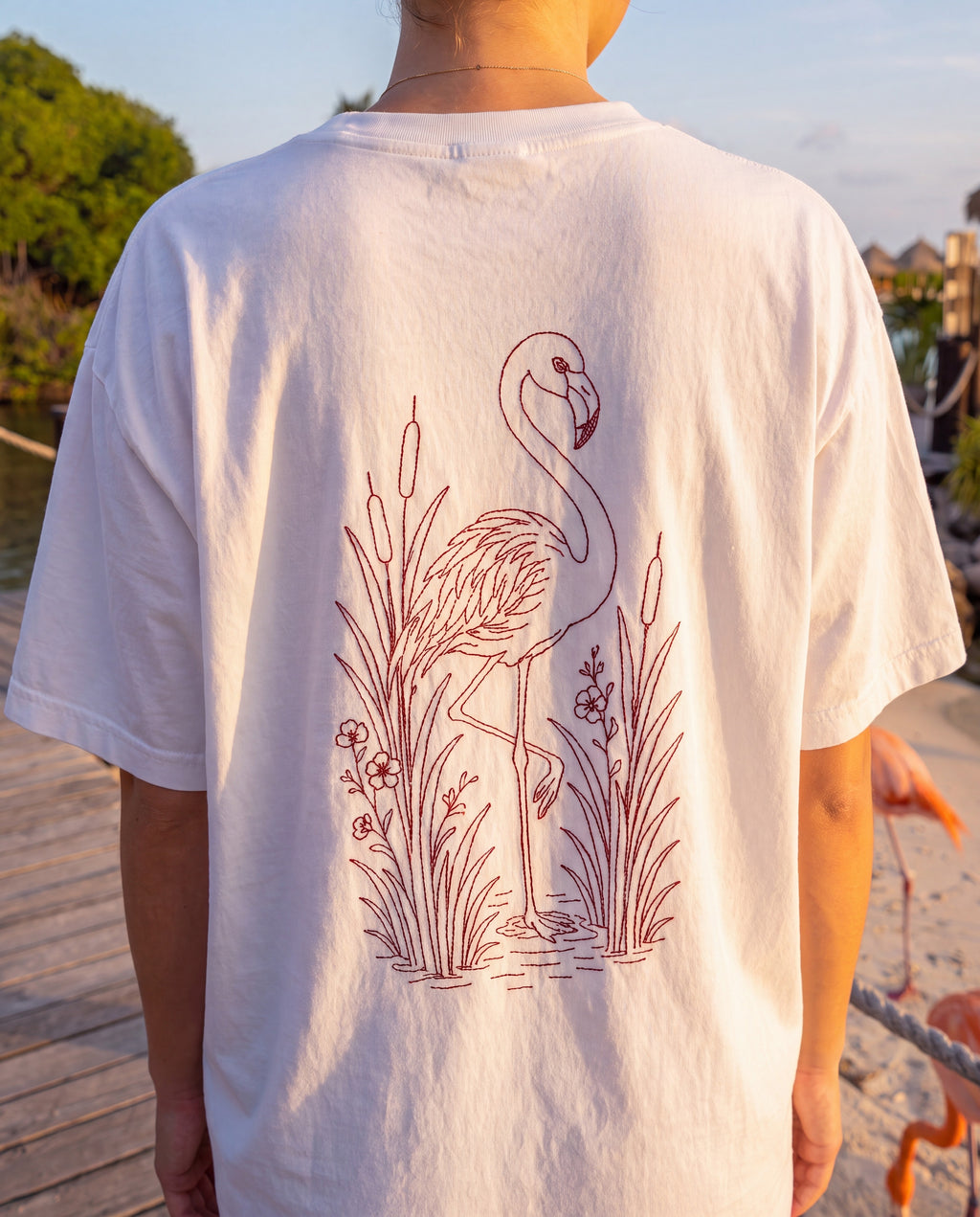 Aruba Flamingo in Reeds Redwork Tee close-up of the design, White