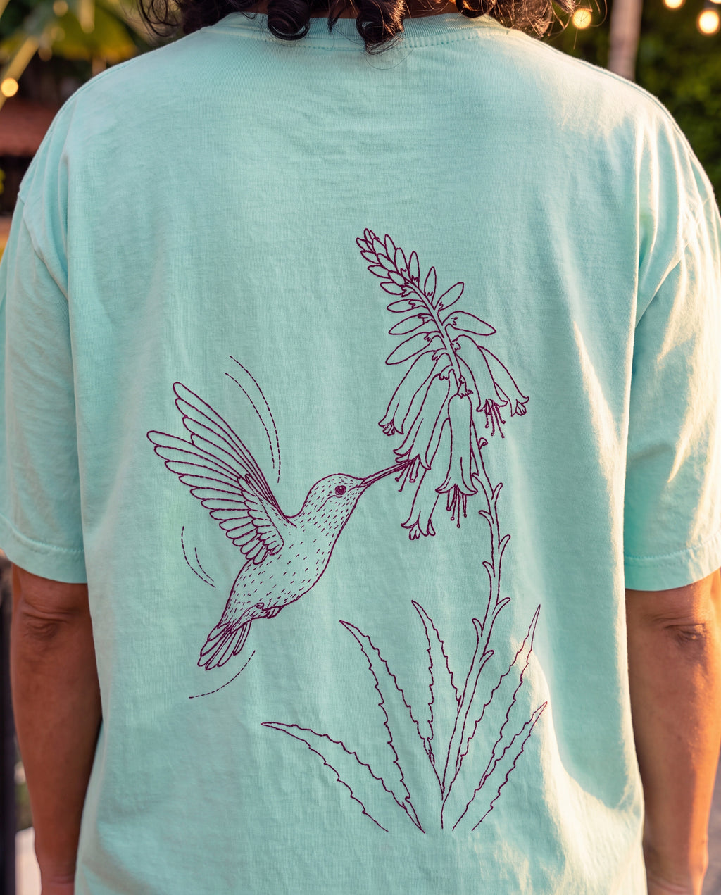 Aruba Hummingbird and Aloe Redwork Tee close-up of the design, Chalky Mint