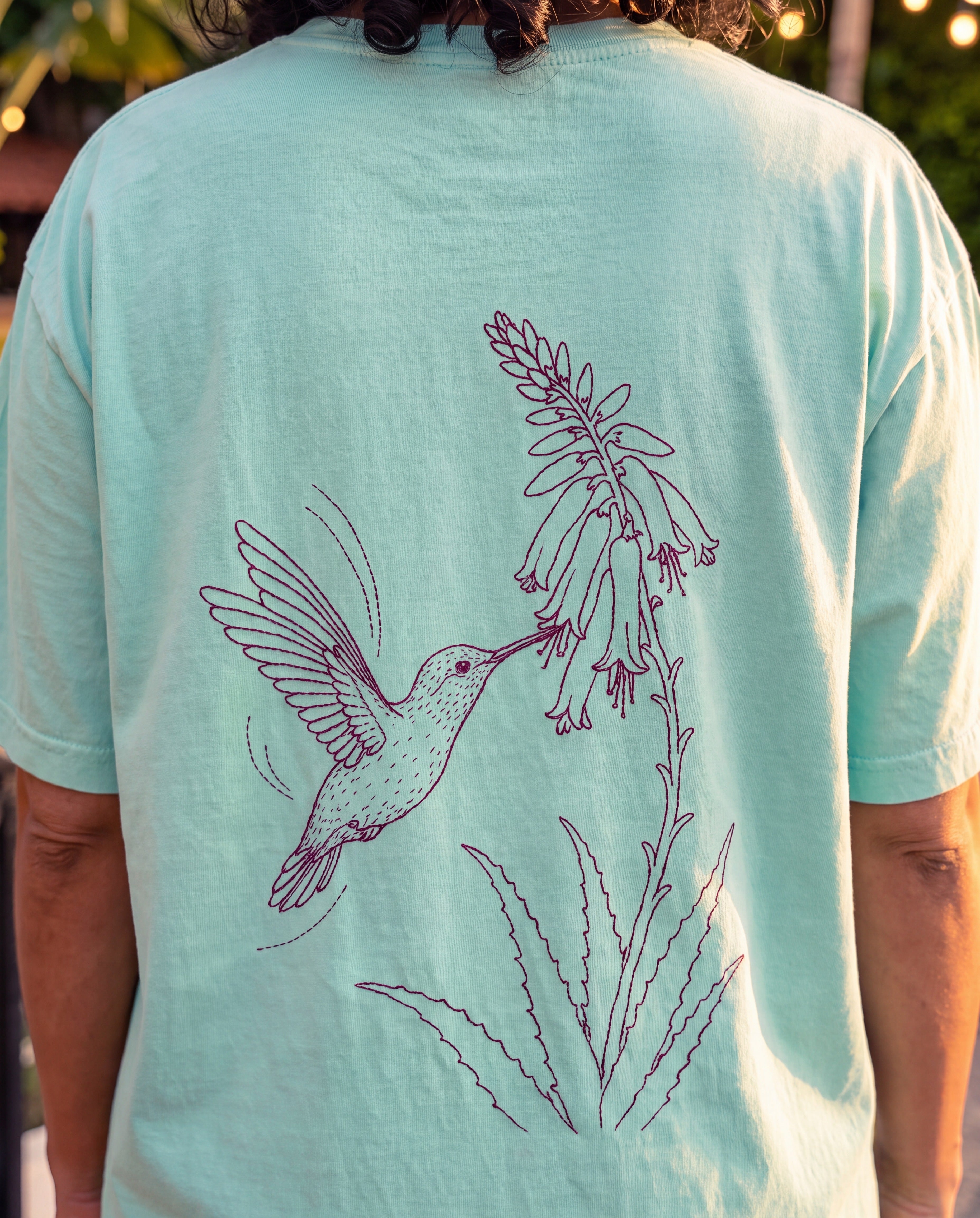 Aruba Hummingbird and Aloe Redwork Tee close-up of the design, Chalky Mint