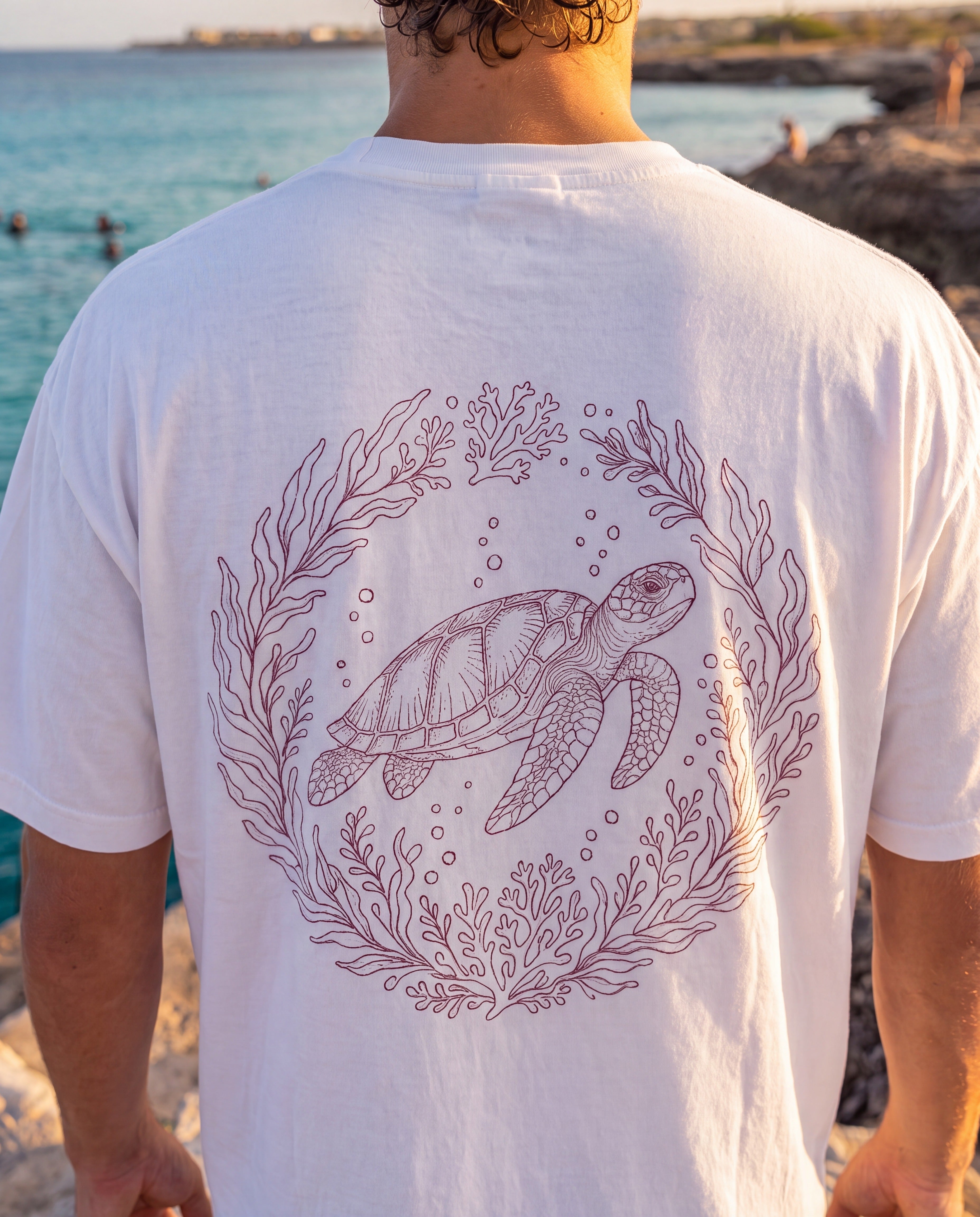 Aruba Sea Turtle Wreath Redwork Tee close-up of the design, White