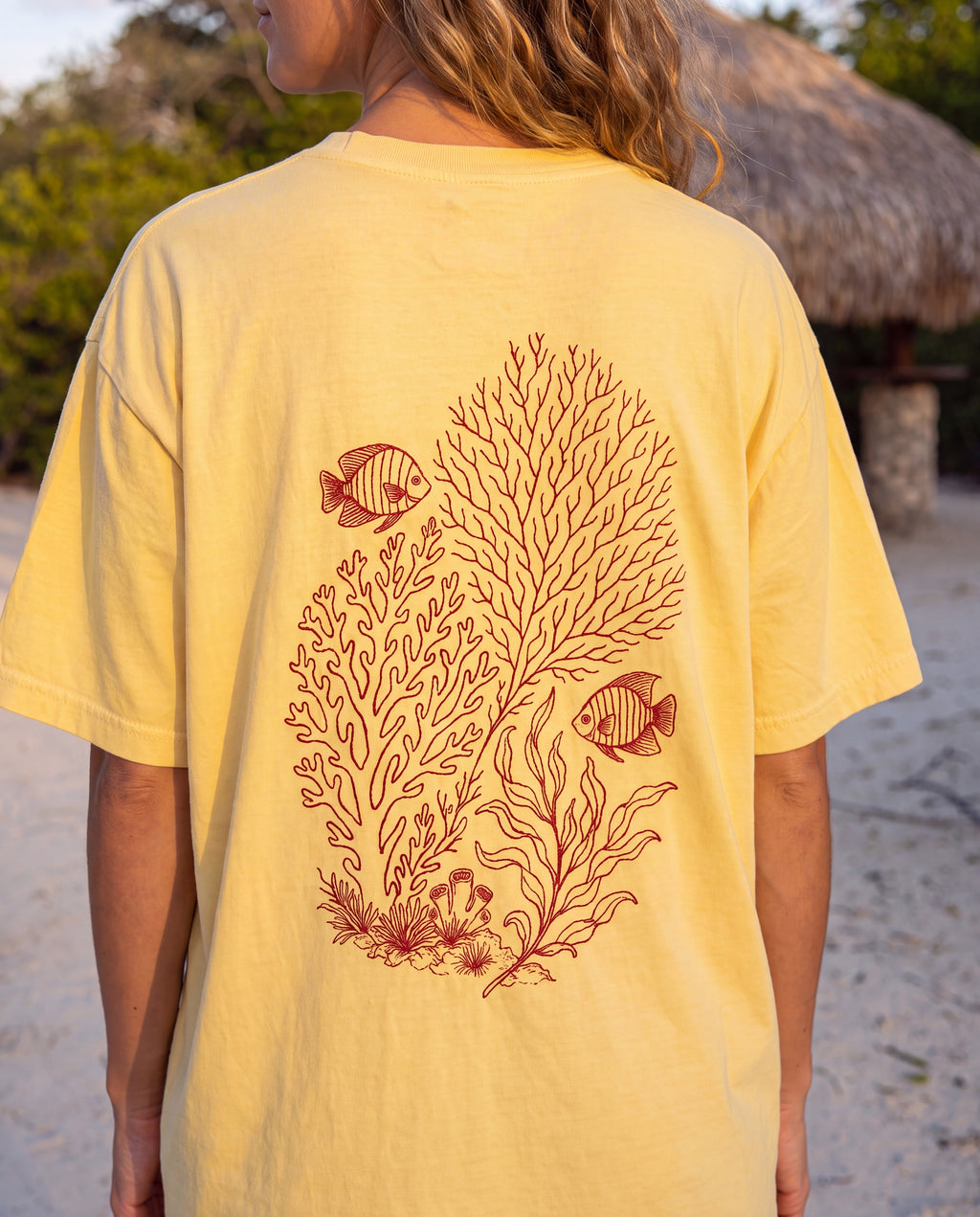 Aruba Coral and Sea Fan Redwork Tee close-up of the design, Butter