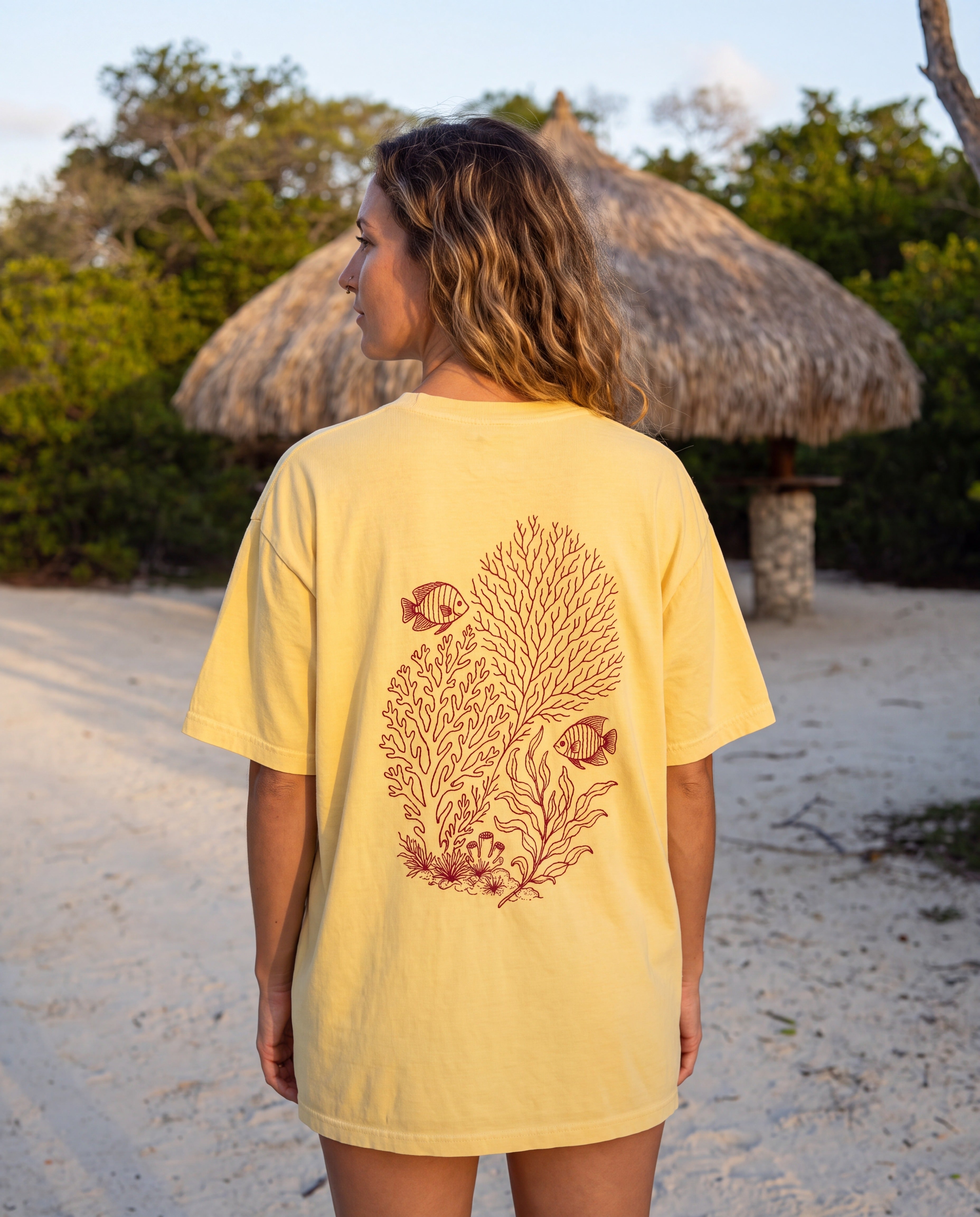 Aruba Coral and Sea Fan Redwork Tee in Butter, worn on location in Aruba