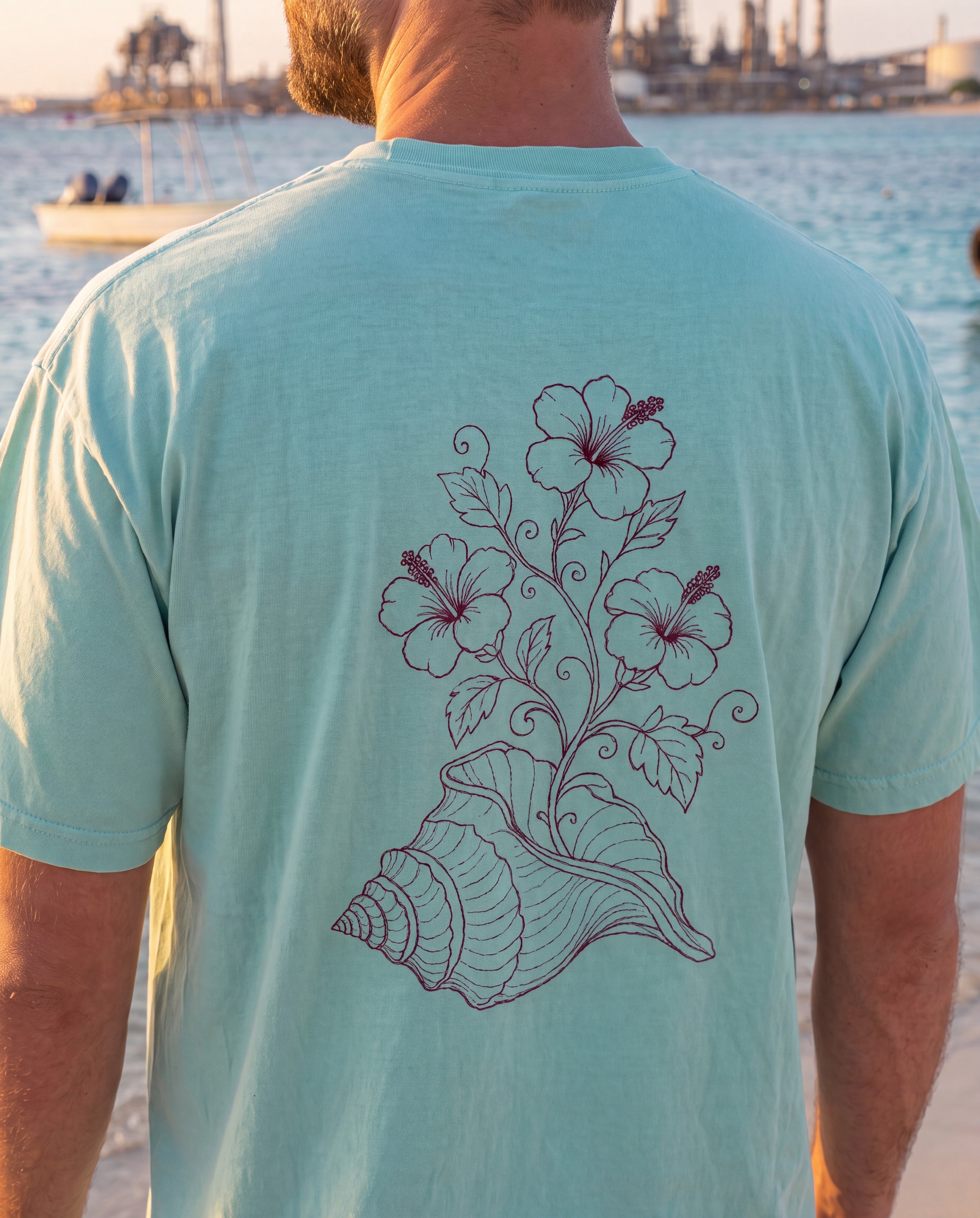 Aruba Conch Shell in Bloom Redwork Tee close-up of the design, Chalky Mint