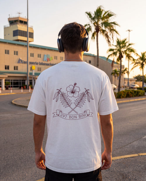 Aruba 297 Bon Bini Crest Redwork Tee in White, worn on location in Aruba