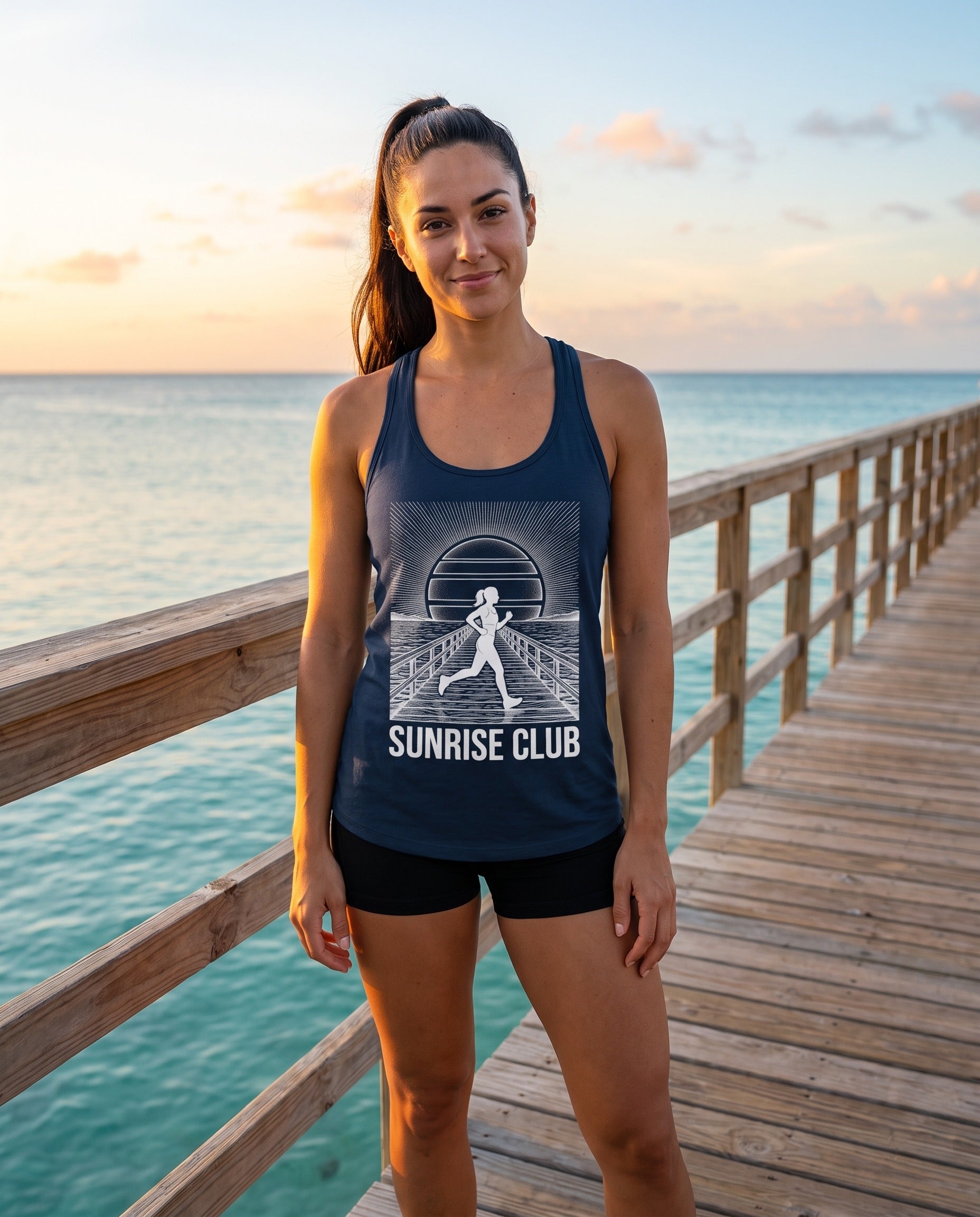 91-sunrise-club-pier tank in Solid Midnight Navy, worn on location in Aruba