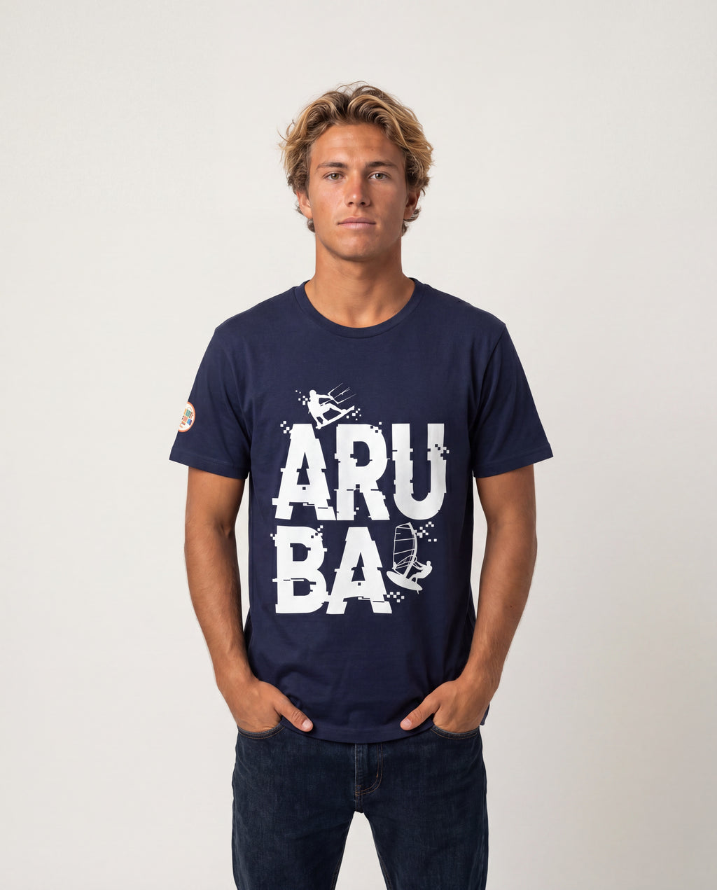 Model wearing the Aruba Glitch Surf Tee