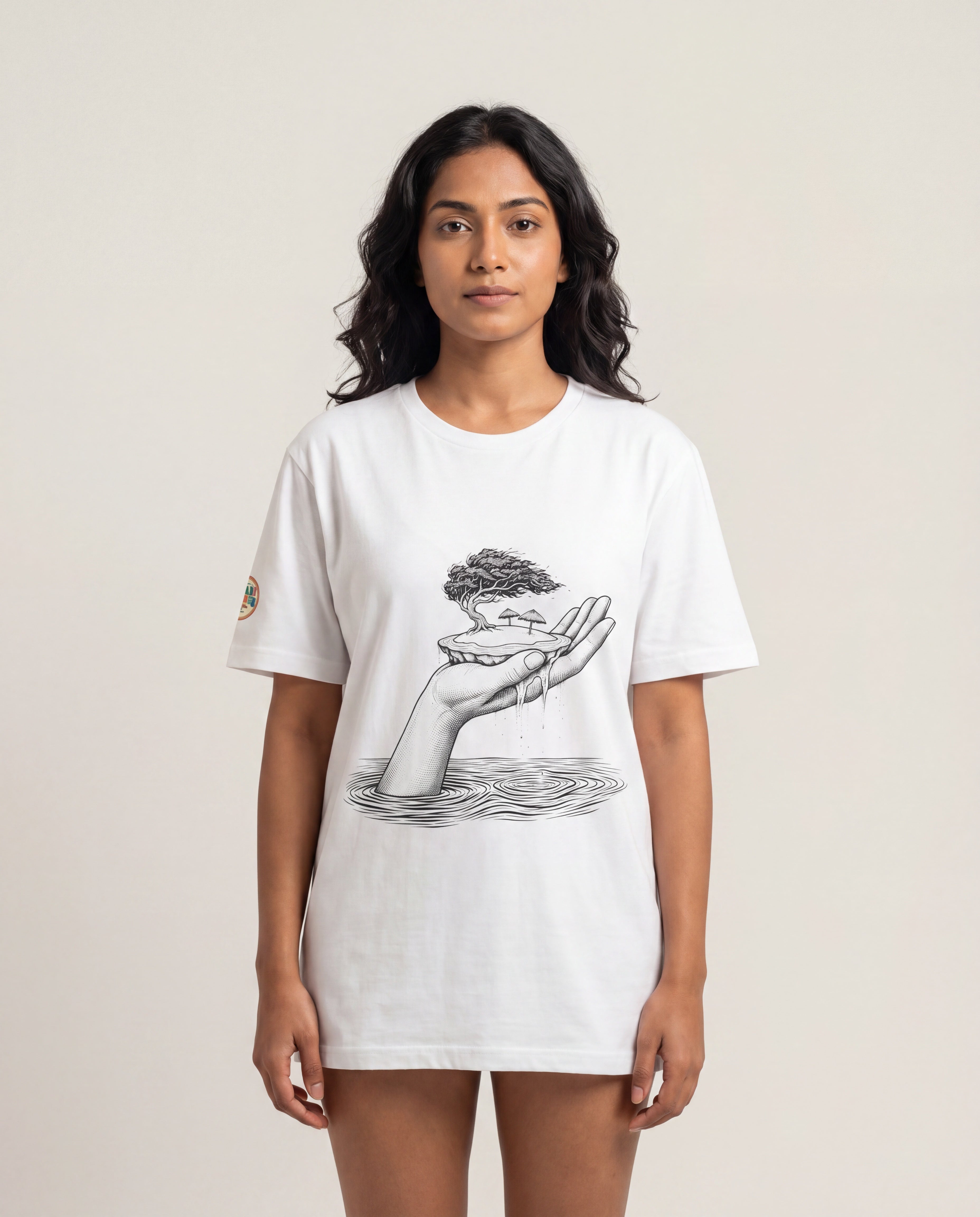 Model wearing the Aruba Island in Hand Tee