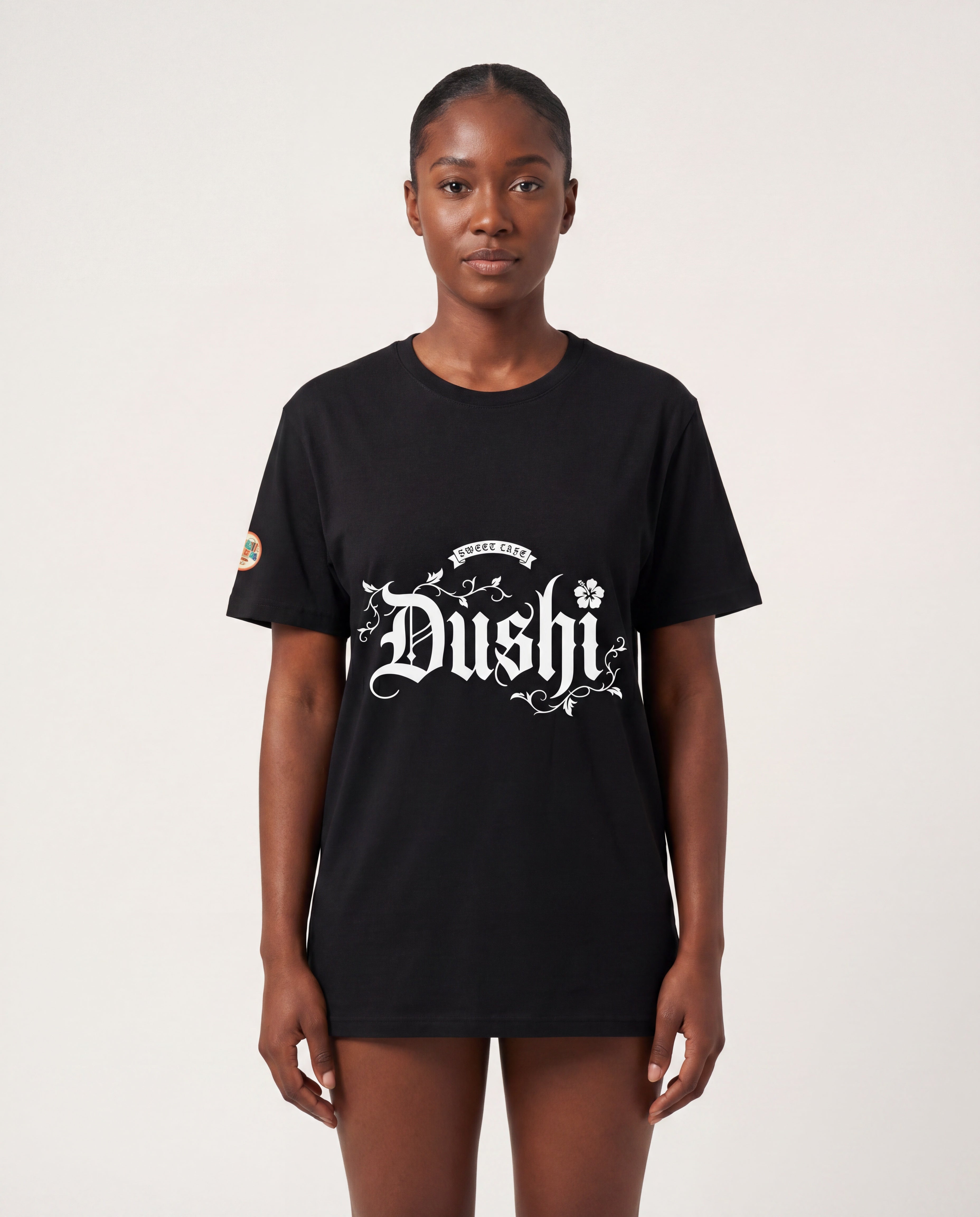 Model wearing the Dushi Sweet Life Blackletter Tee