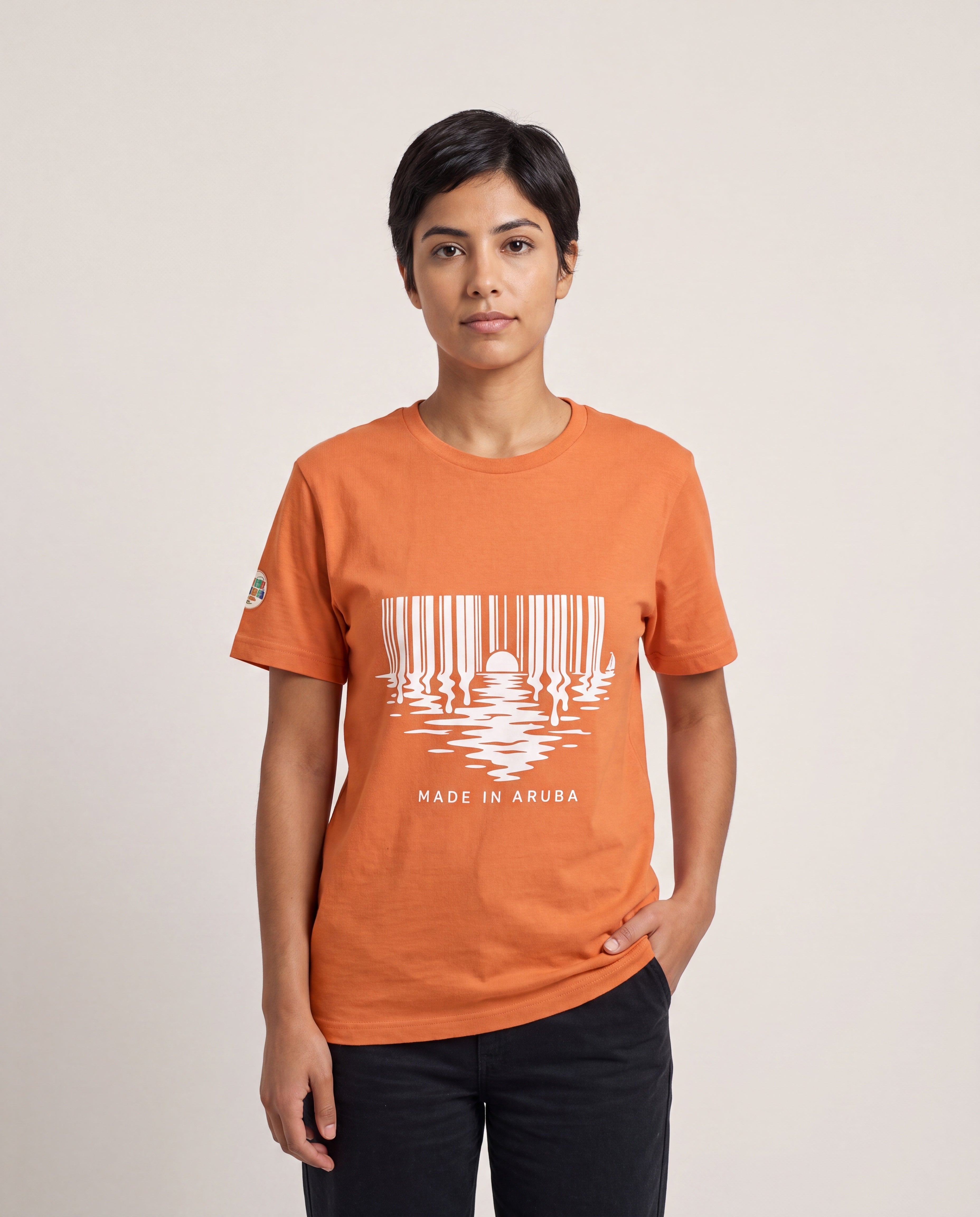 Model wearing the Made in Aruba Barcode Sunset Tee