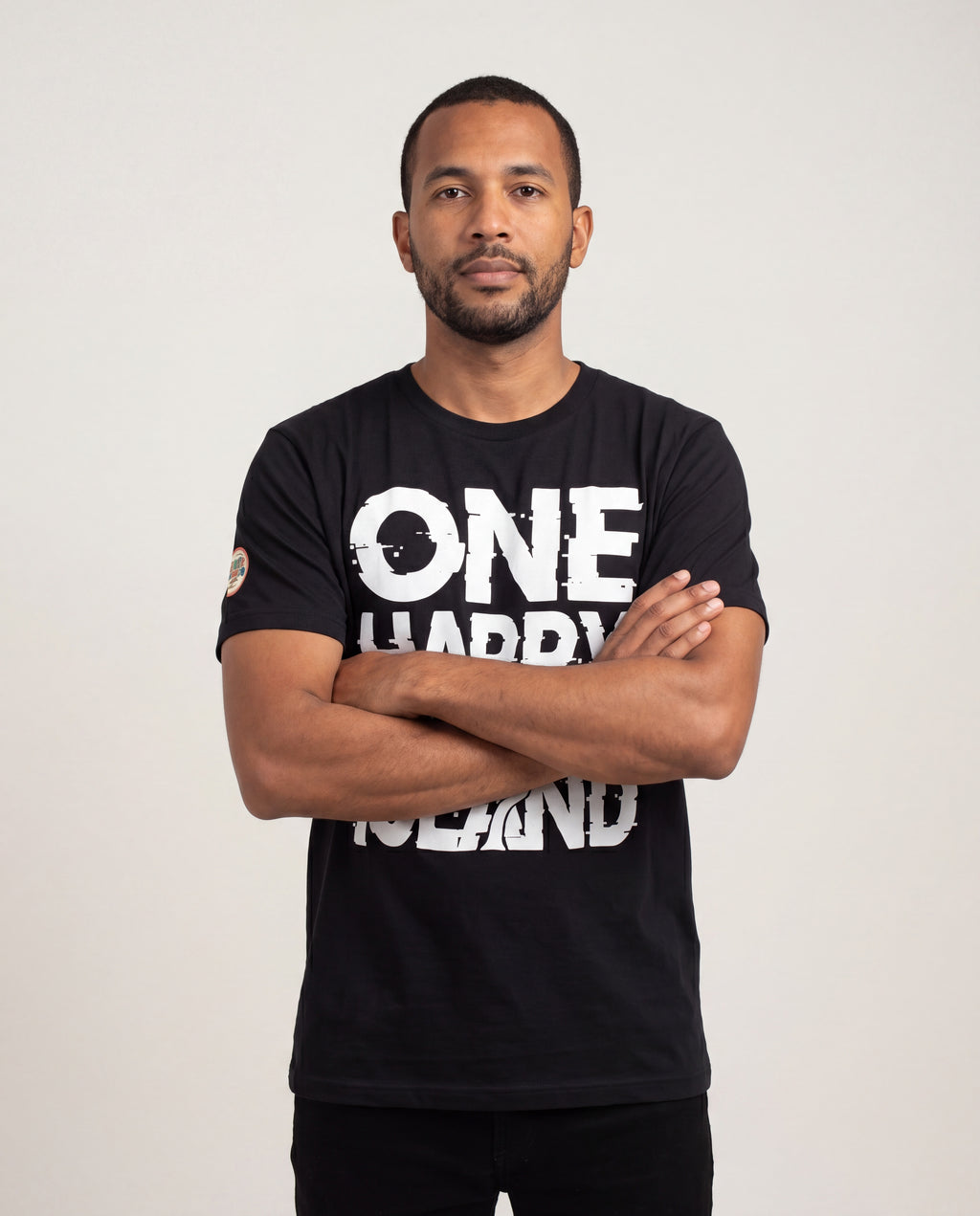 Model wearing the One Happy Island Glitch Dive Tee